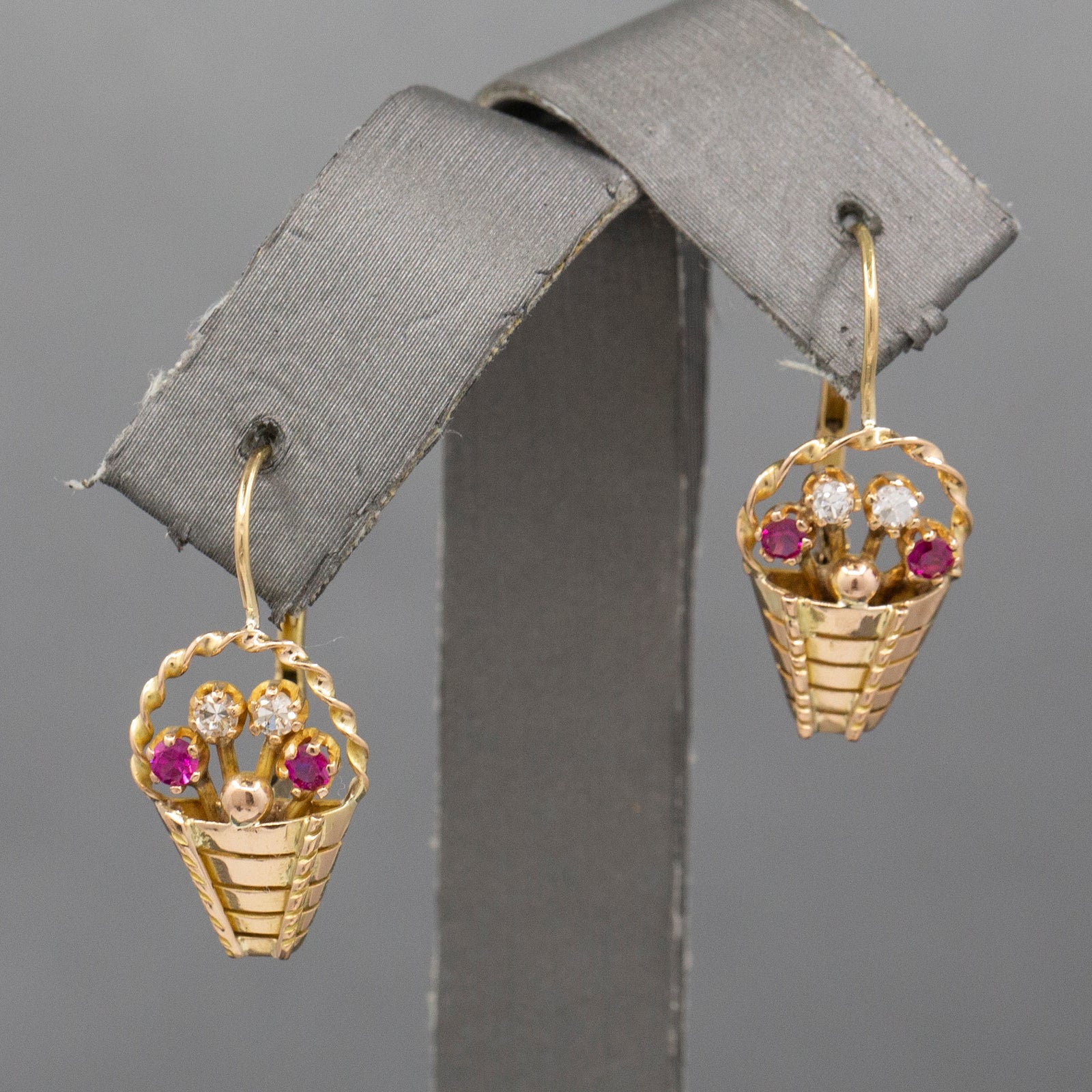 Late Art Deco Ruby and Diamond Flower Basket Earrings in 14k Yellow Gold