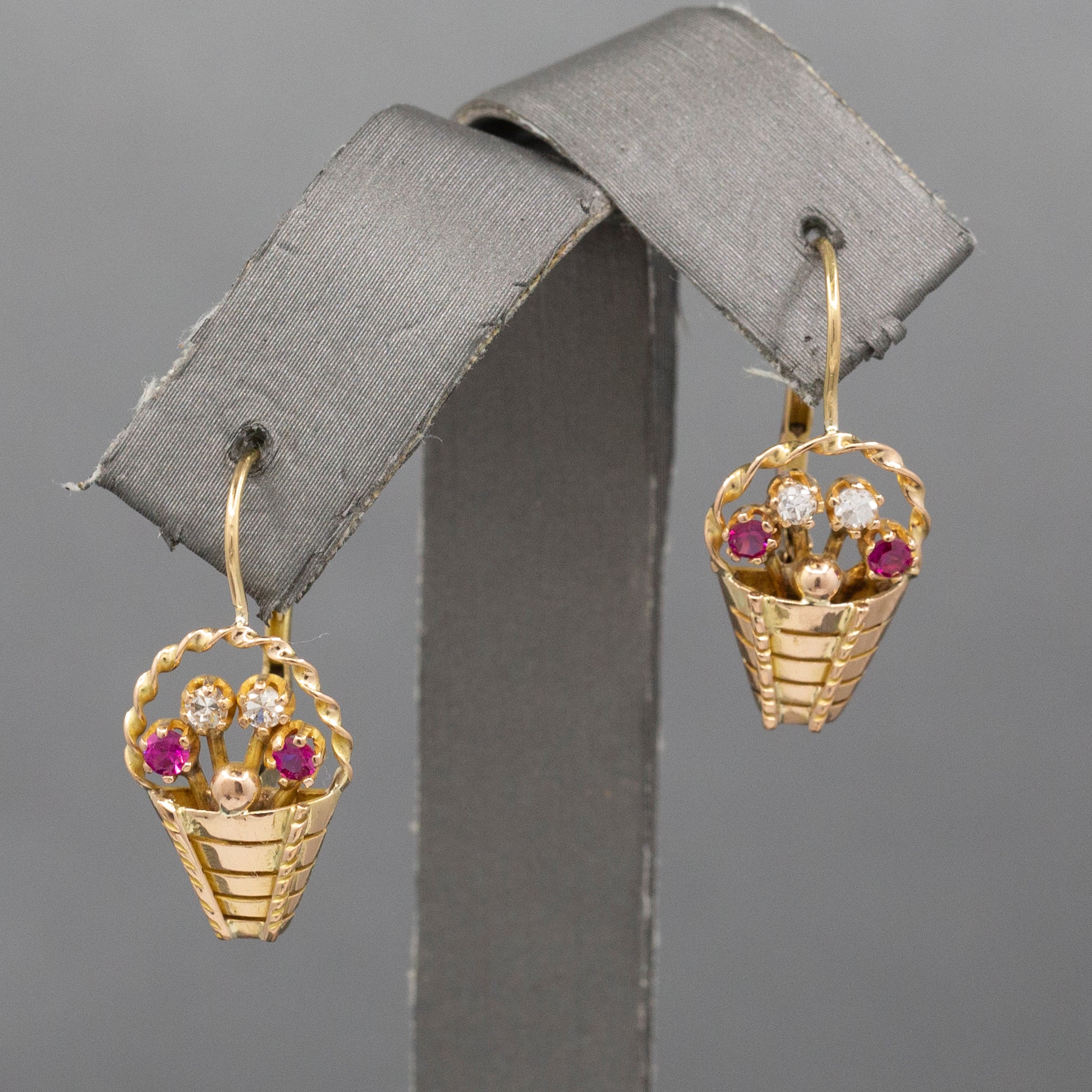 Late Art Deco Ruby and Diamond Flower Basket Earrings in 14k Yellow Gold
