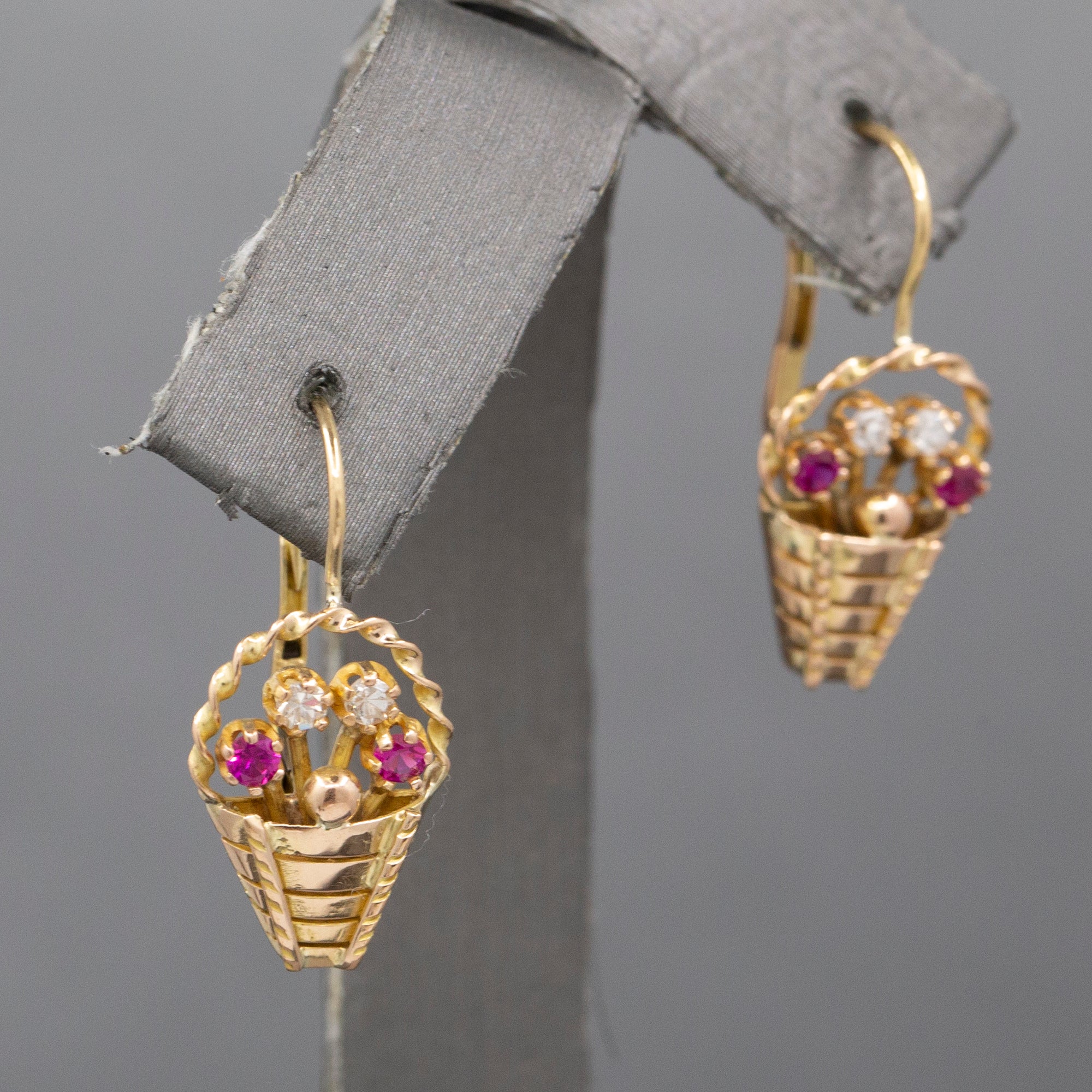 Late Art Deco Ruby and Diamond Flower Basket Earrings in 14k Yellow Gold