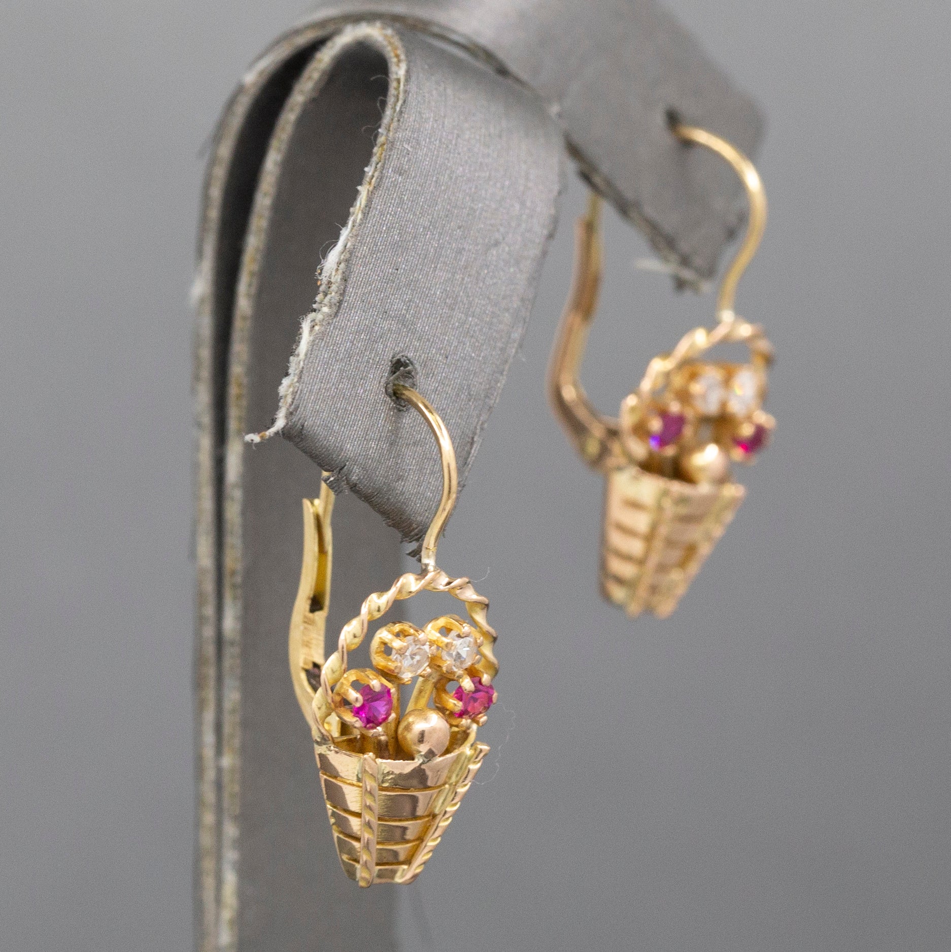 Late Art Deco Ruby and Diamond Flower Basket Earrings in 14k Yellow Gold