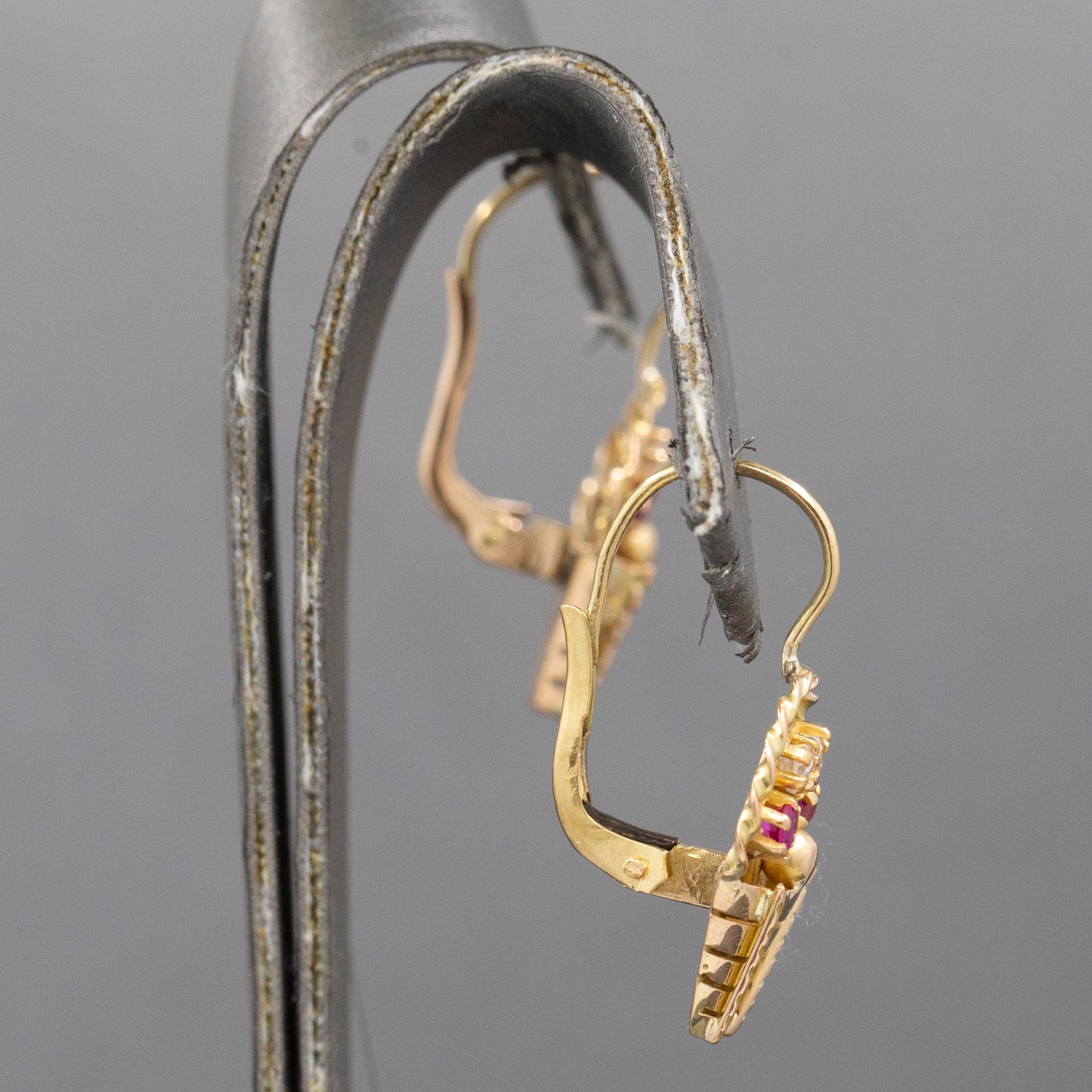 Late Art Deco Ruby and Diamond Flower Basket Earrings in 14k Yellow Gold