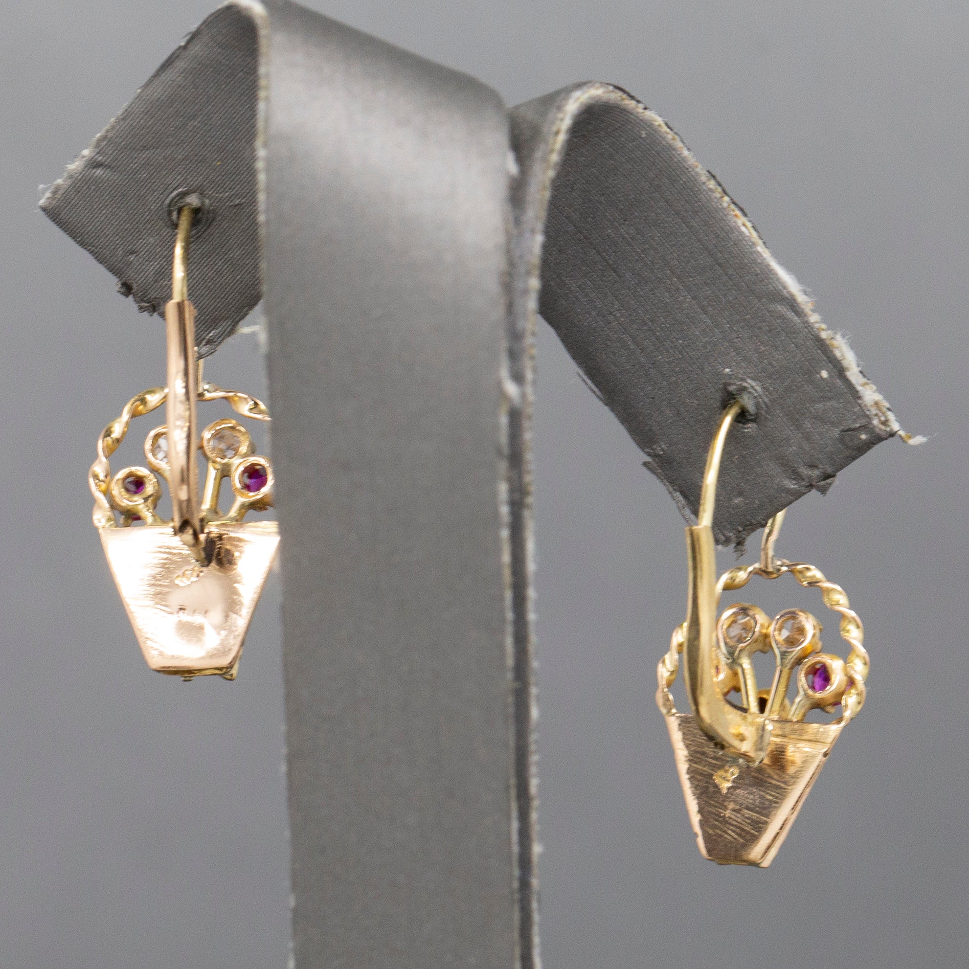 Late Art Deco Ruby and Diamond Flower Basket Earrings in 14k Yellow Gold