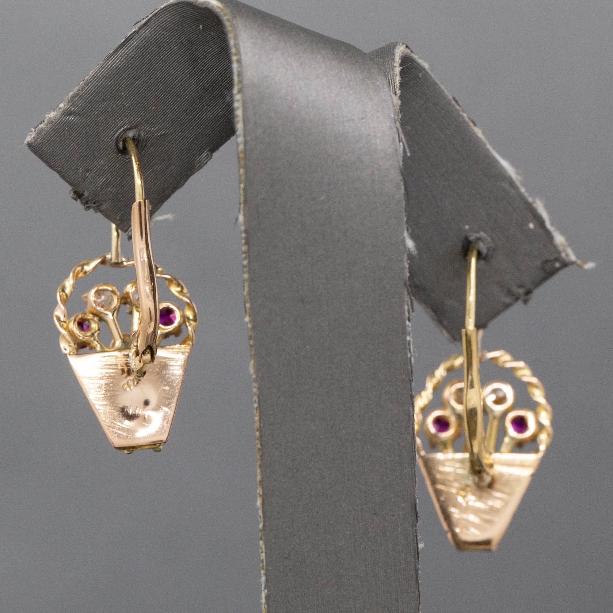 Late Art Deco Ruby and Diamond Flower Basket Earrings in 14k Yellow Gold