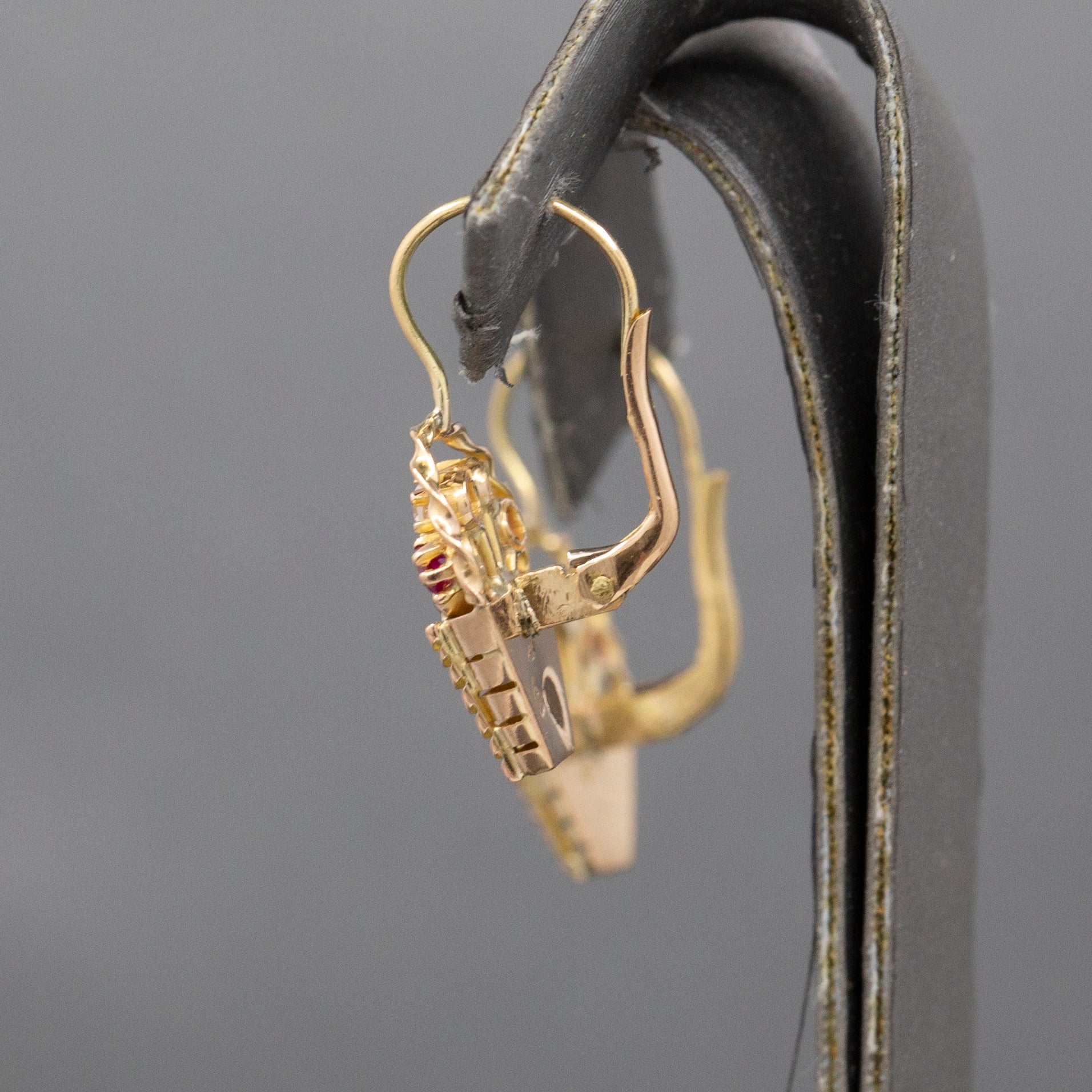 Late Art Deco Ruby and Diamond Flower Basket Earrings in 14k Yellow Gold