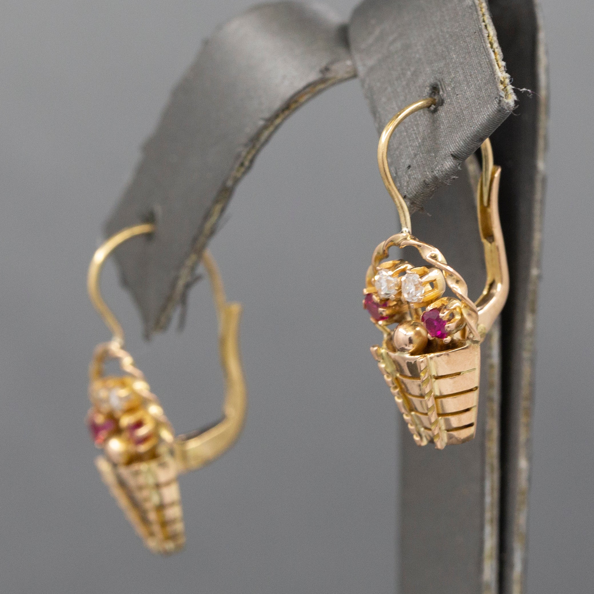 Late Art Deco Ruby and Diamond Flower Basket Earrings in 14k Yellow Gold
