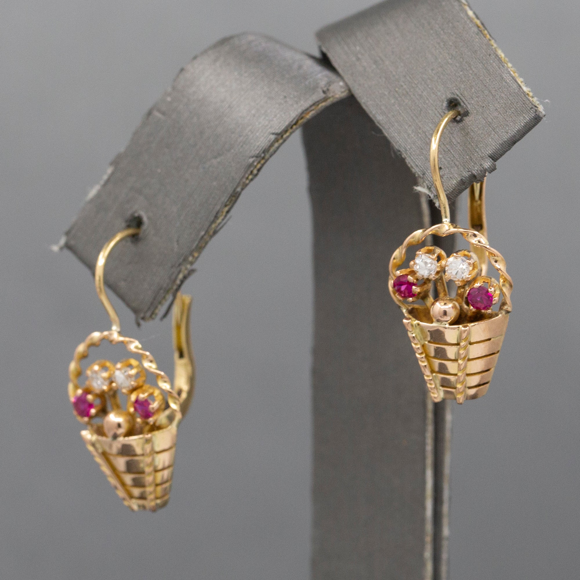 Late Art Deco Ruby and Diamond Flower Basket Earrings in 14k Yellow Gold