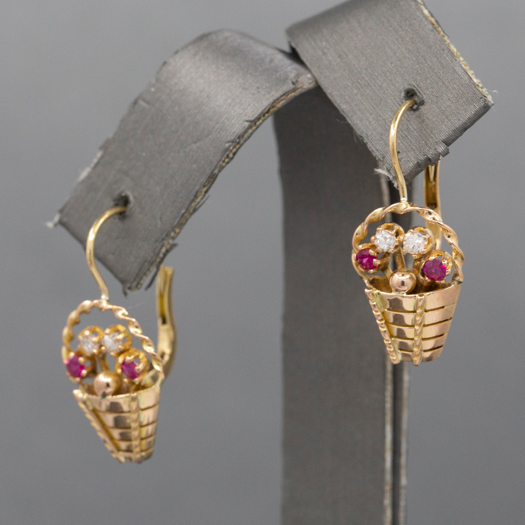 Late Art Deco Ruby and Diamond Flower Basket Earrings in 14k Yellow Gold