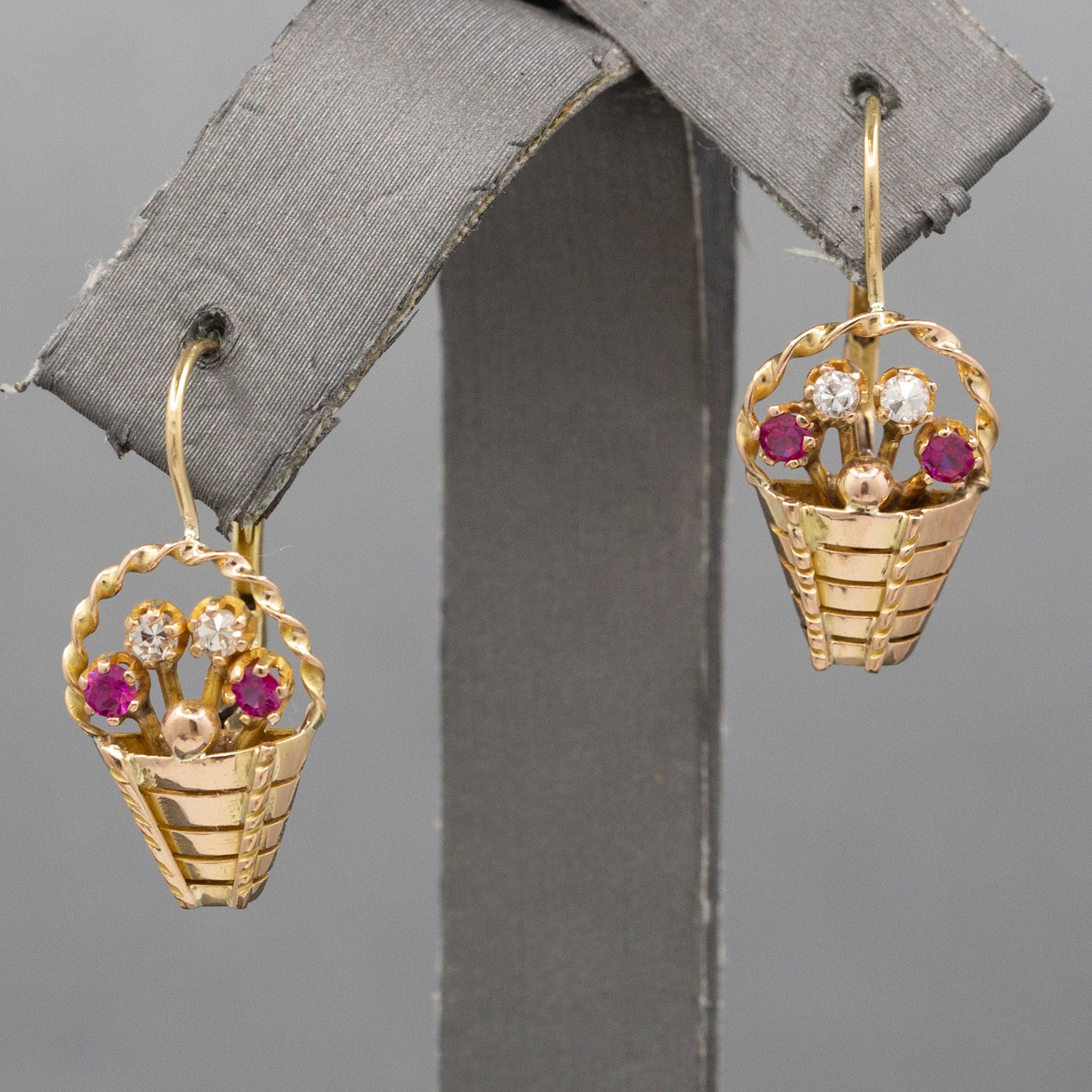 Late Art Deco Ruby and Diamond Flower Basket Earrings in 14k Yellow Gold