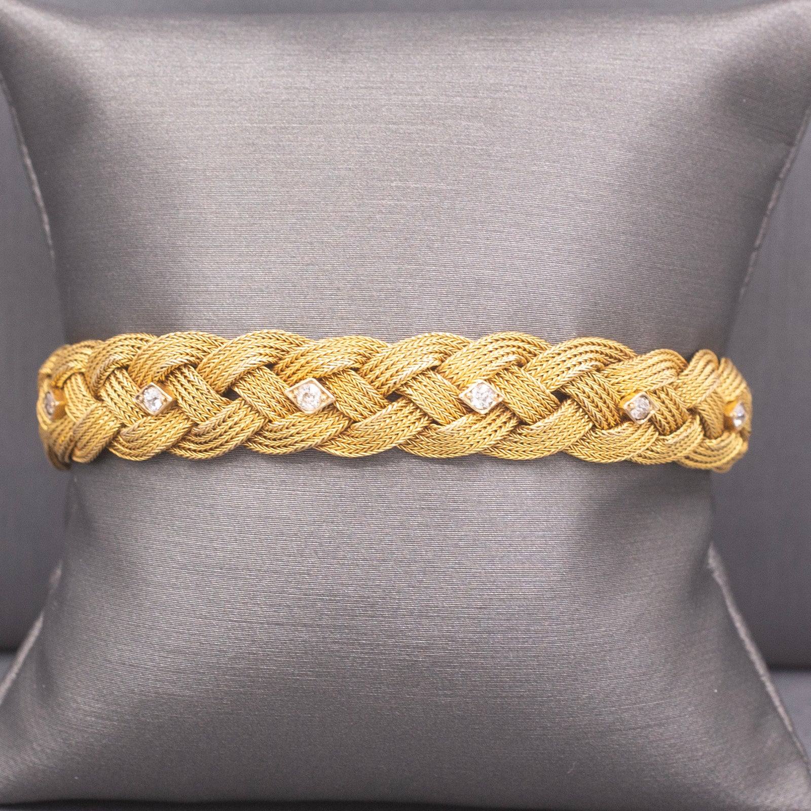 Victorian Braided Mesh Bracelet with Old Mine Cut Diamonds in 14k Yellow Gold