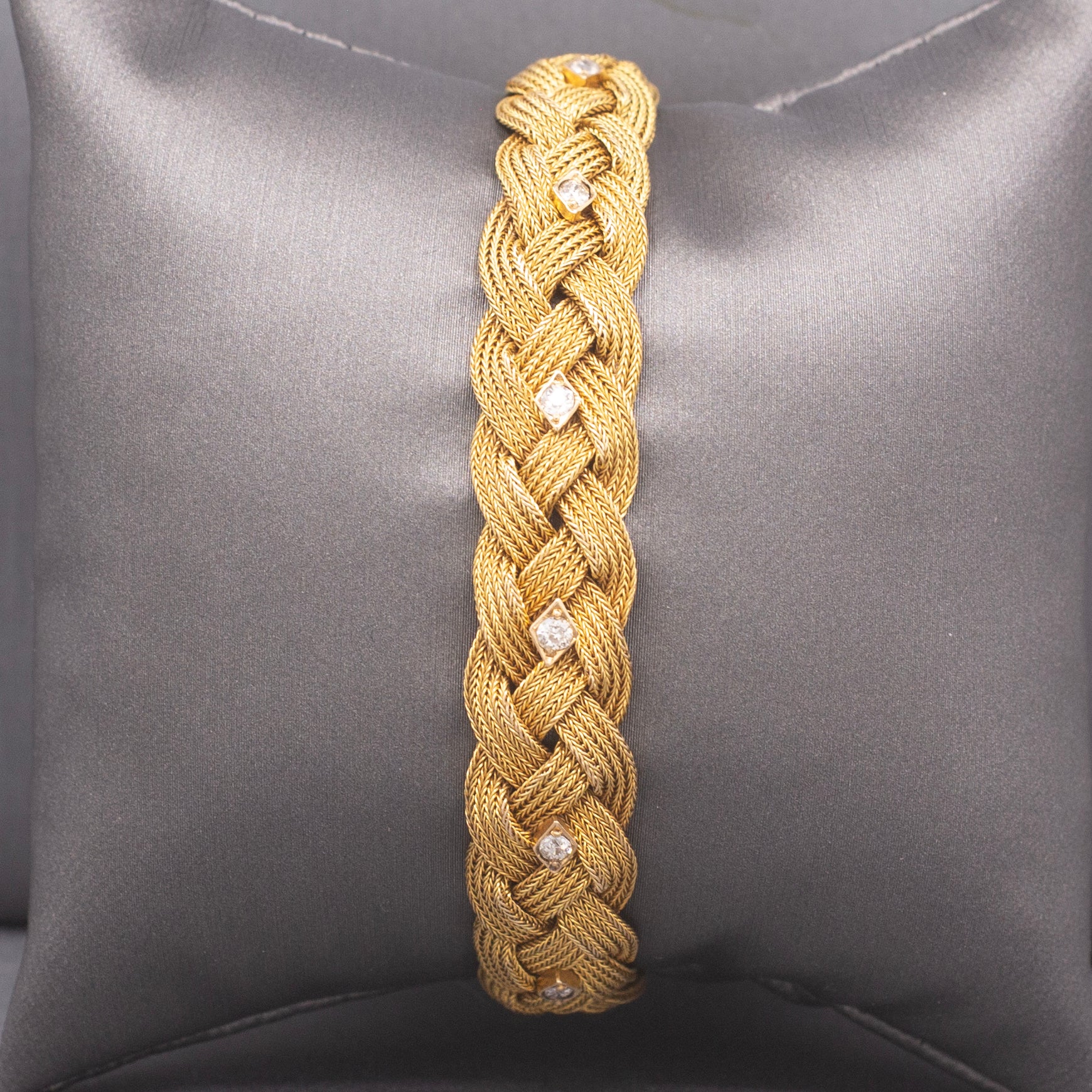 Victorian Braided Mesh Bracelet with Old Mine Cut Diamonds in 14k Yellow Gold