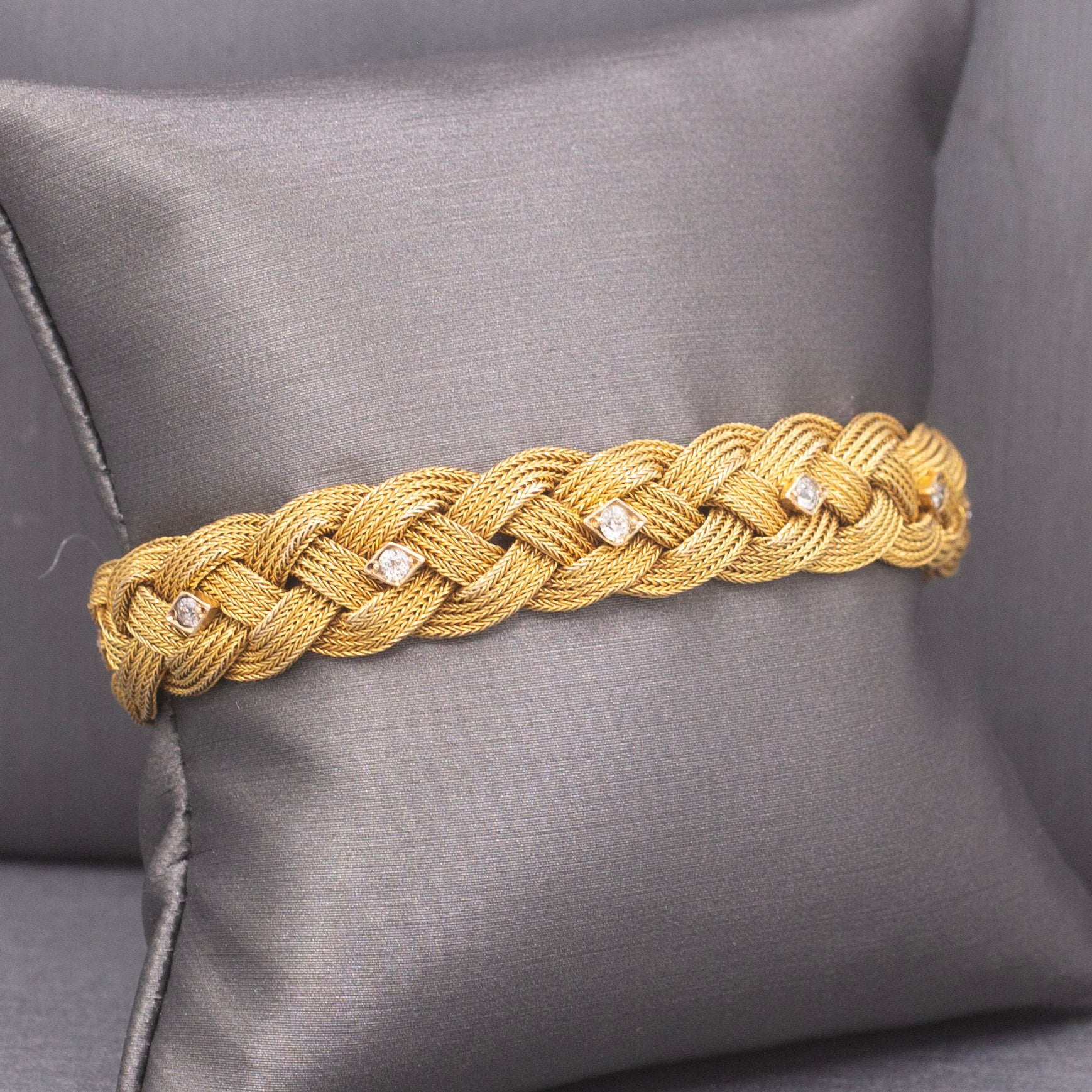 Victorian Braided Mesh Bracelet with Old Mine Cut Diamonds in 14k Yellow Gold