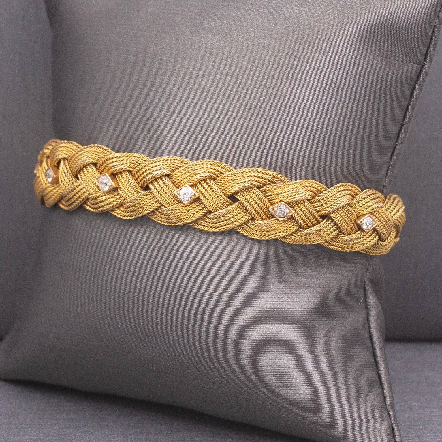 Victorian Braided Mesh Bracelet with Old Mine Cut Diamonds in 14k Yellow Gold