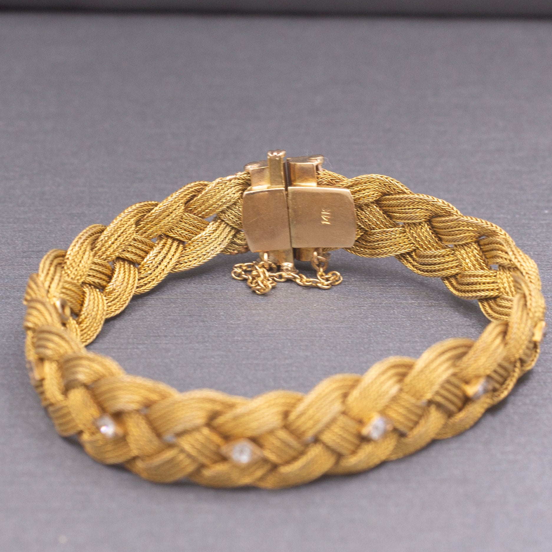 Victorian Braided Mesh Bracelet with Old Mine Cut Diamonds in 14k Yellow Gold