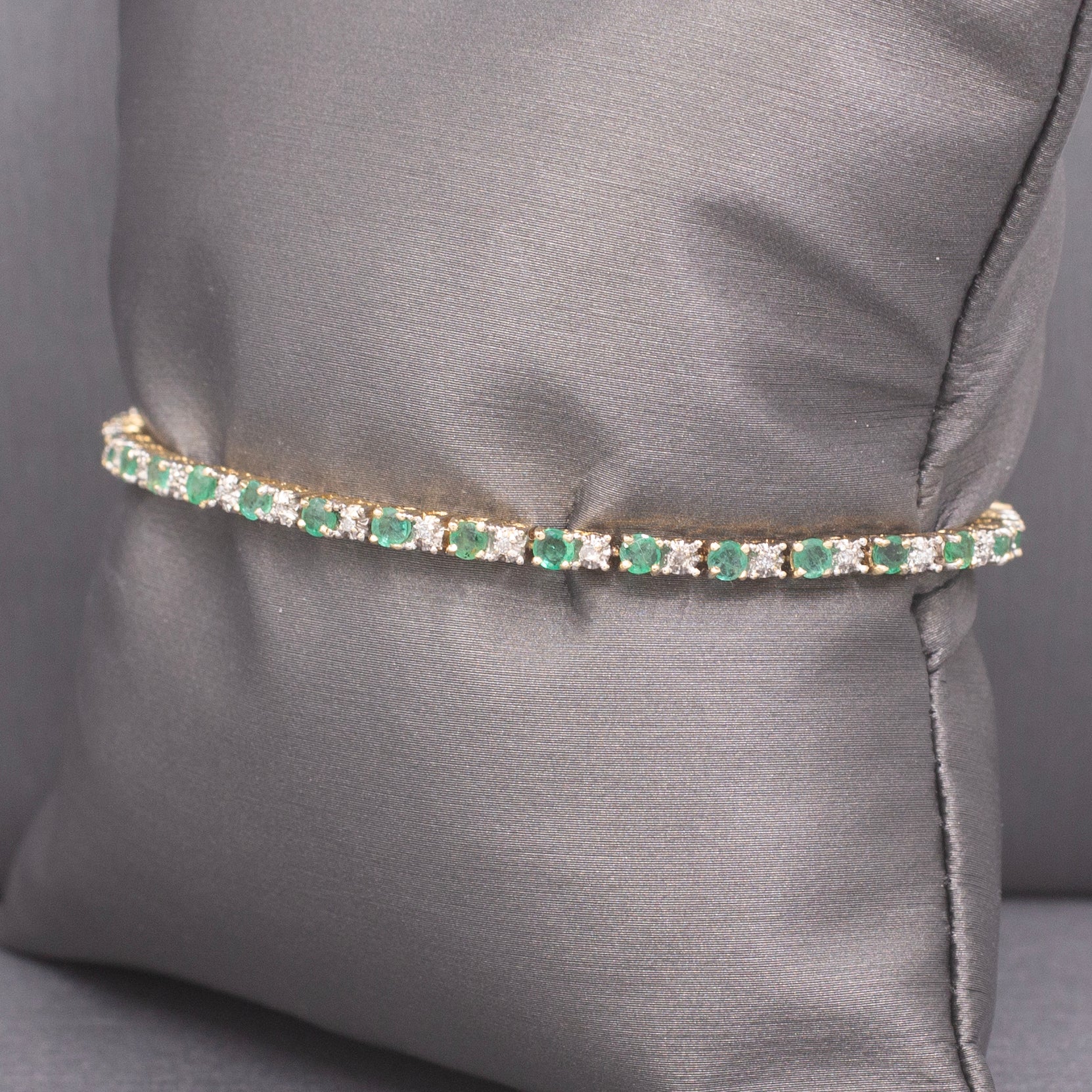 Dainty Emerald and Diamond Tennis Line Bracelet in 14k Yellow Gold