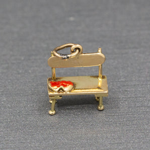Adorable Chair Bench Charm with Two Red Enamel Hearts in 14k Yellow Gold