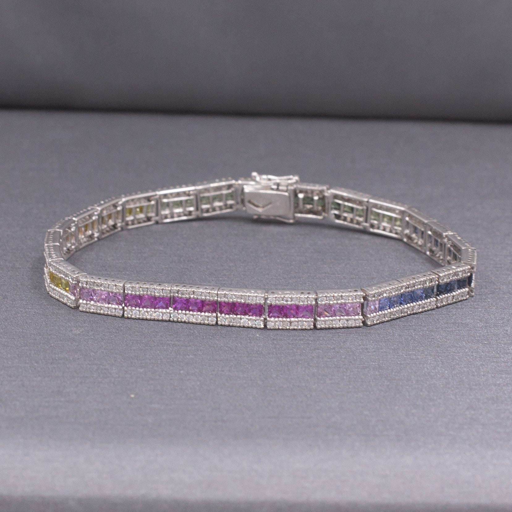 Sparkling Rainbow Multi-Color Sapphire and Diamond Bracelet in 14k White Gold