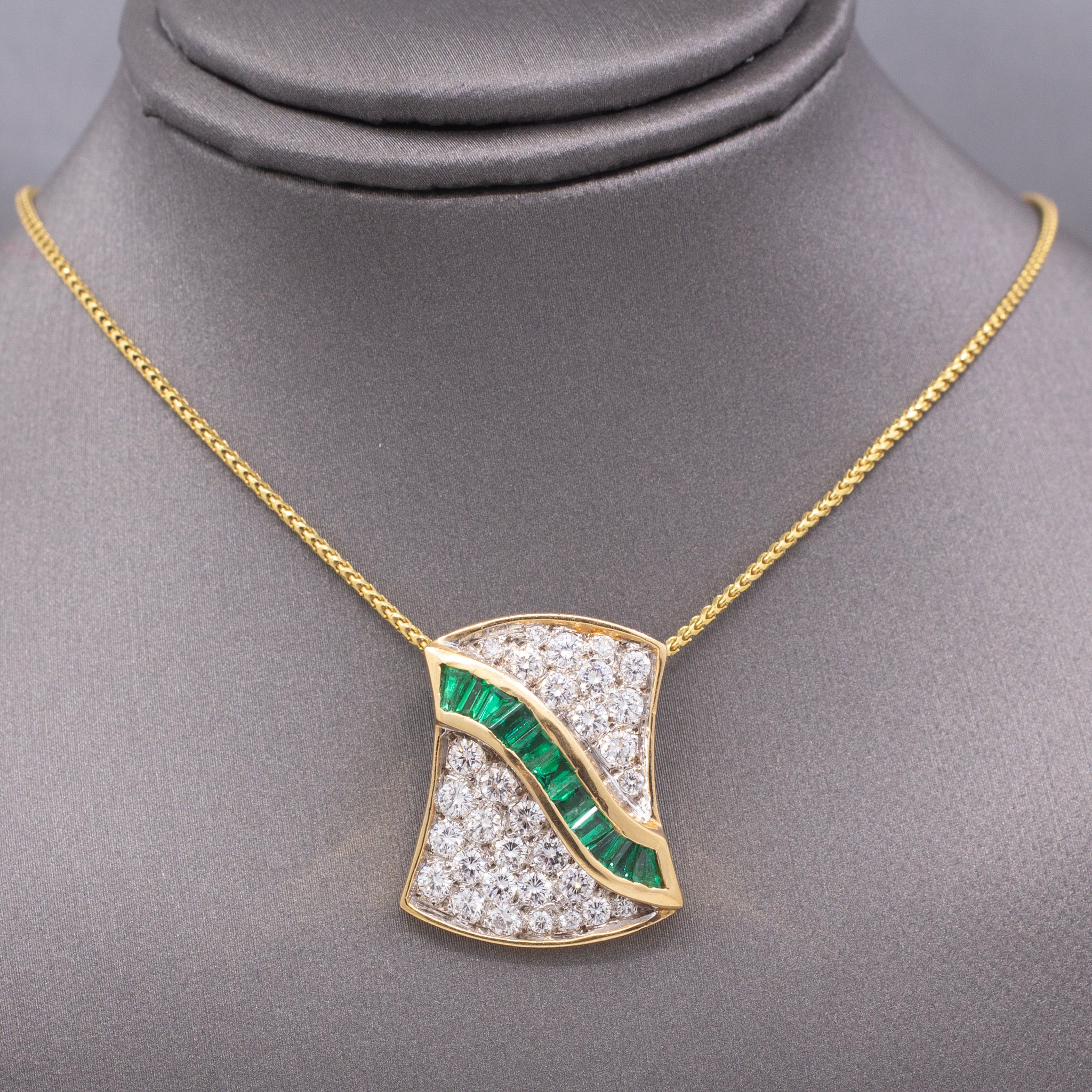 Luxurious Emerald & Pavé Diamond Slide Pendant in 18k Yellow and White Gold