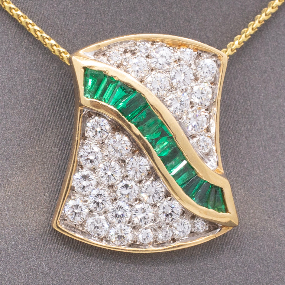 Luxurious Emerald & Pavé Diamond Slide Pendant in 18k Yellow and White Gold