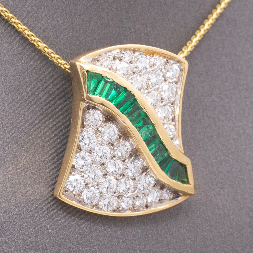 Luxurious Emerald & Pavé Diamond Slide Pendant in 18k Yellow and White Gold