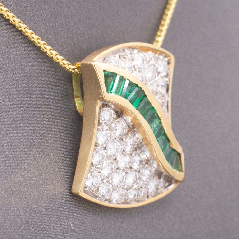 Luxurious Emerald & Pavé Diamond Slide Pendant in 18k Yellow and White Gold