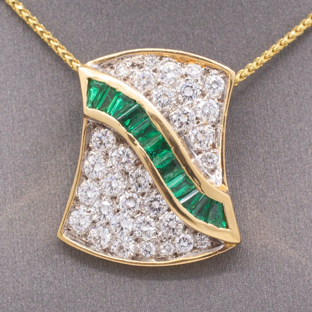 Luxurious Emerald & Pavé Diamond Slide Pendant in 18k Yellow and White Gold