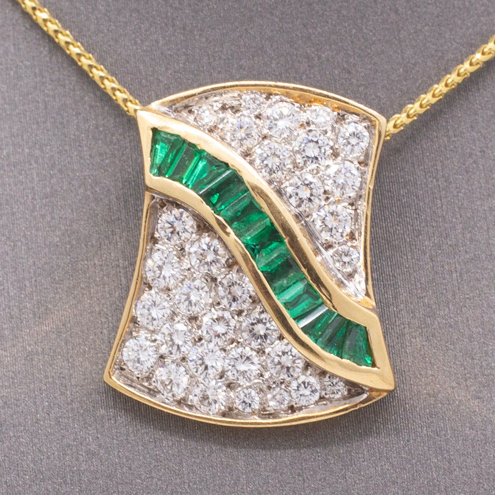 Luxurious Emerald & Pavé Diamond Slide Pendant in 18k Yellow and White Gold