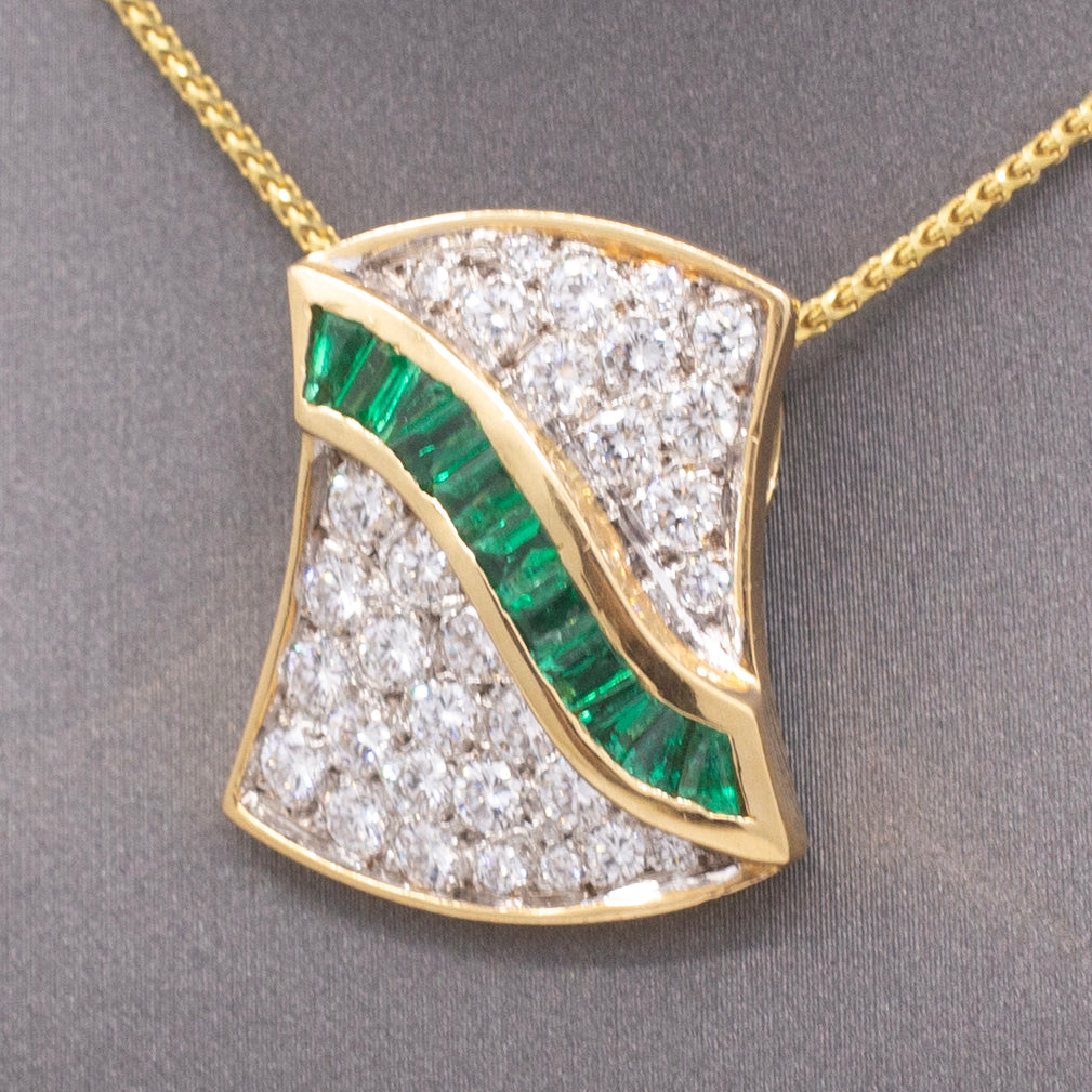 Luxurious Emerald & Pavé Diamond Slide Pendant in 18k Yellow and White Gold