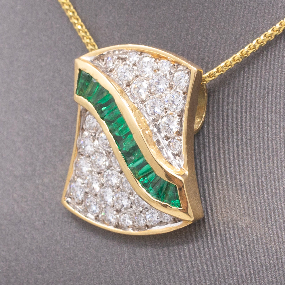 Luxurious Emerald & Pavé Diamond Slide Pendant in 18k Yellow and White Gold