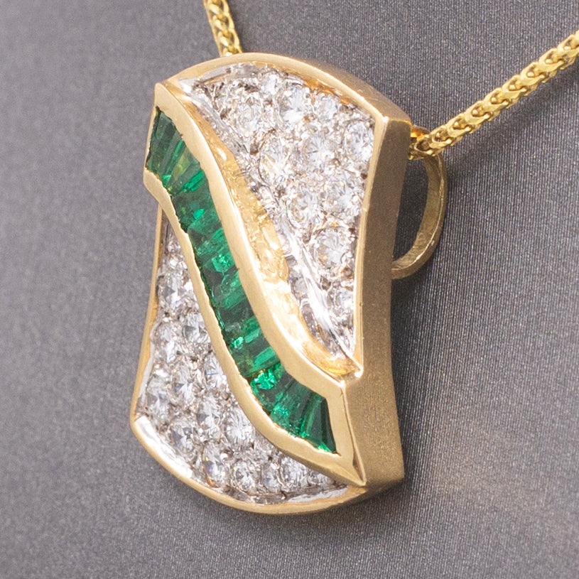 Luxurious Emerald & Pavé Diamond Slide Pendant in 18k Yellow and White Gold