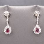 Exquisite 14k White Gold Ruby & Diamond Drop Earrings, Pear-Cut Ruby Halo Dangles