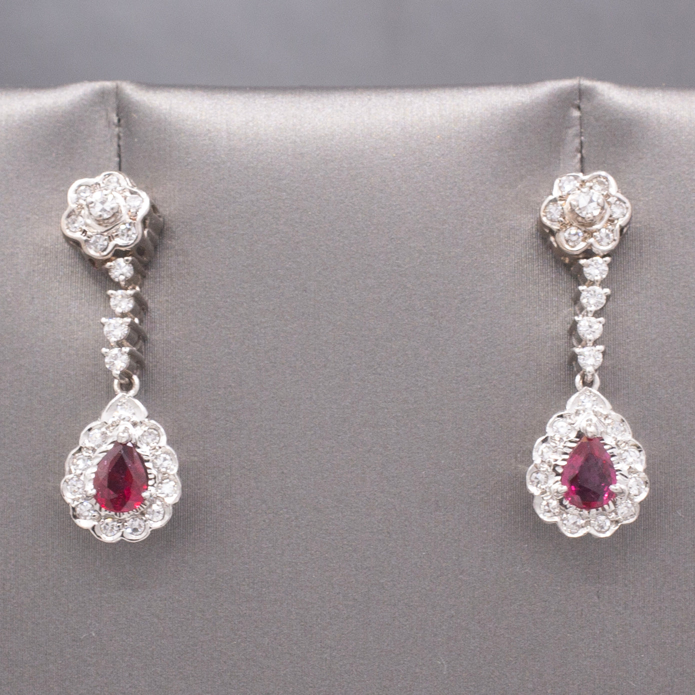 Exquisite 14k White Gold Ruby & Diamond Drop Earrings, Pear-Cut Ruby Halo Dangles