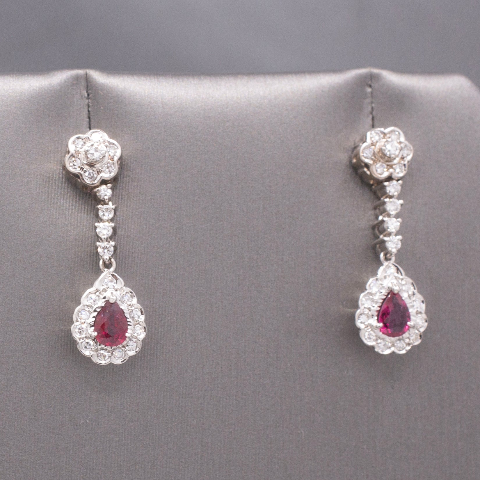 Exquisite 14k White Gold Ruby & Diamond Drop Earrings, Pear-Cut Ruby Halo Dangles