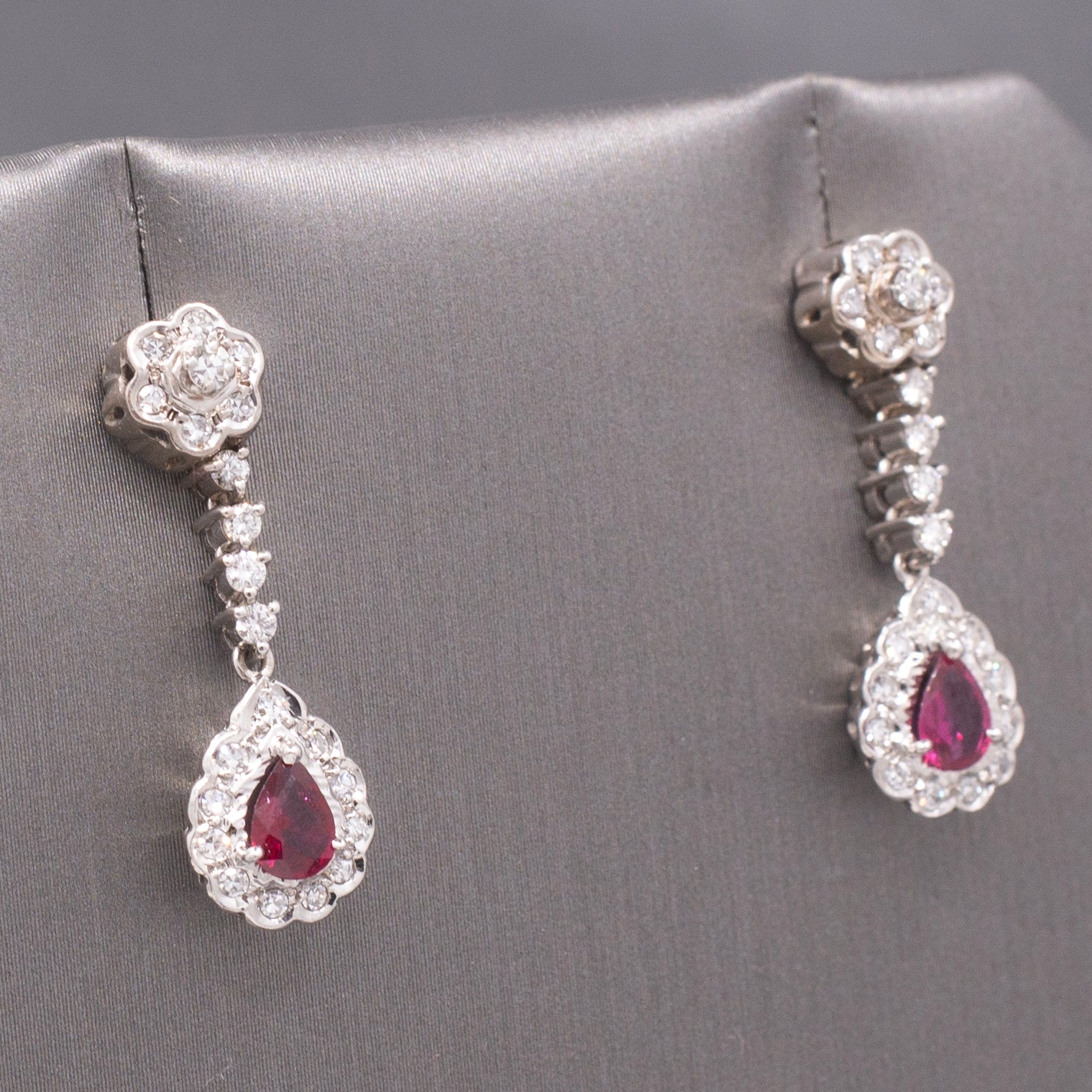 Exquisite 14k White Gold Ruby & Diamond Drop Earrings, Pear-Cut Ruby Halo Dangles