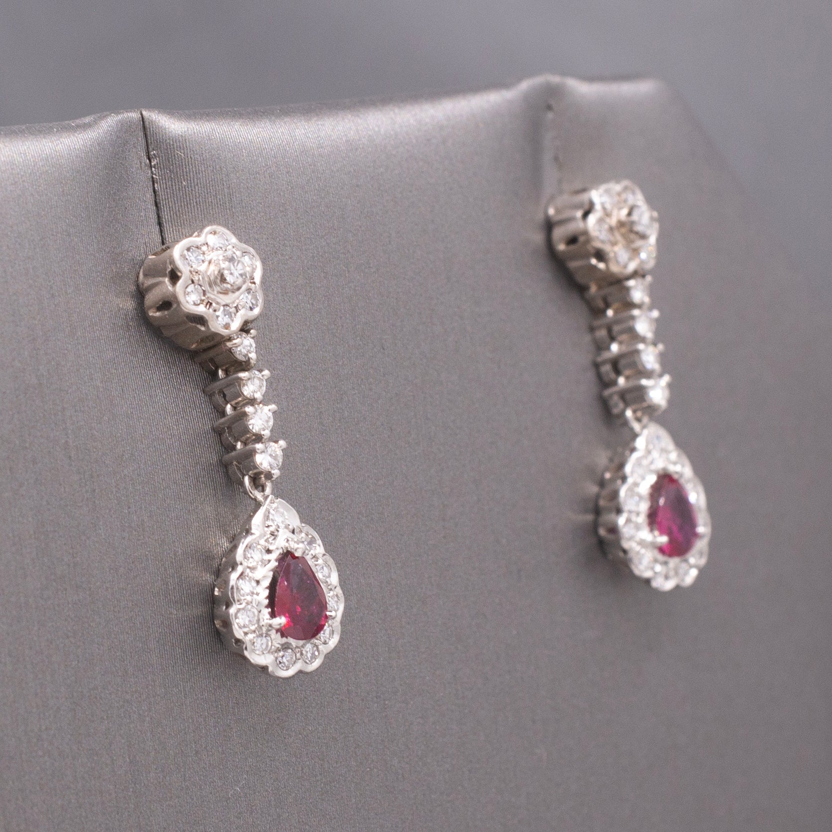 Exquisite 14k White Gold Ruby & Diamond Drop Earrings, Pear-Cut Ruby Halo Dangles