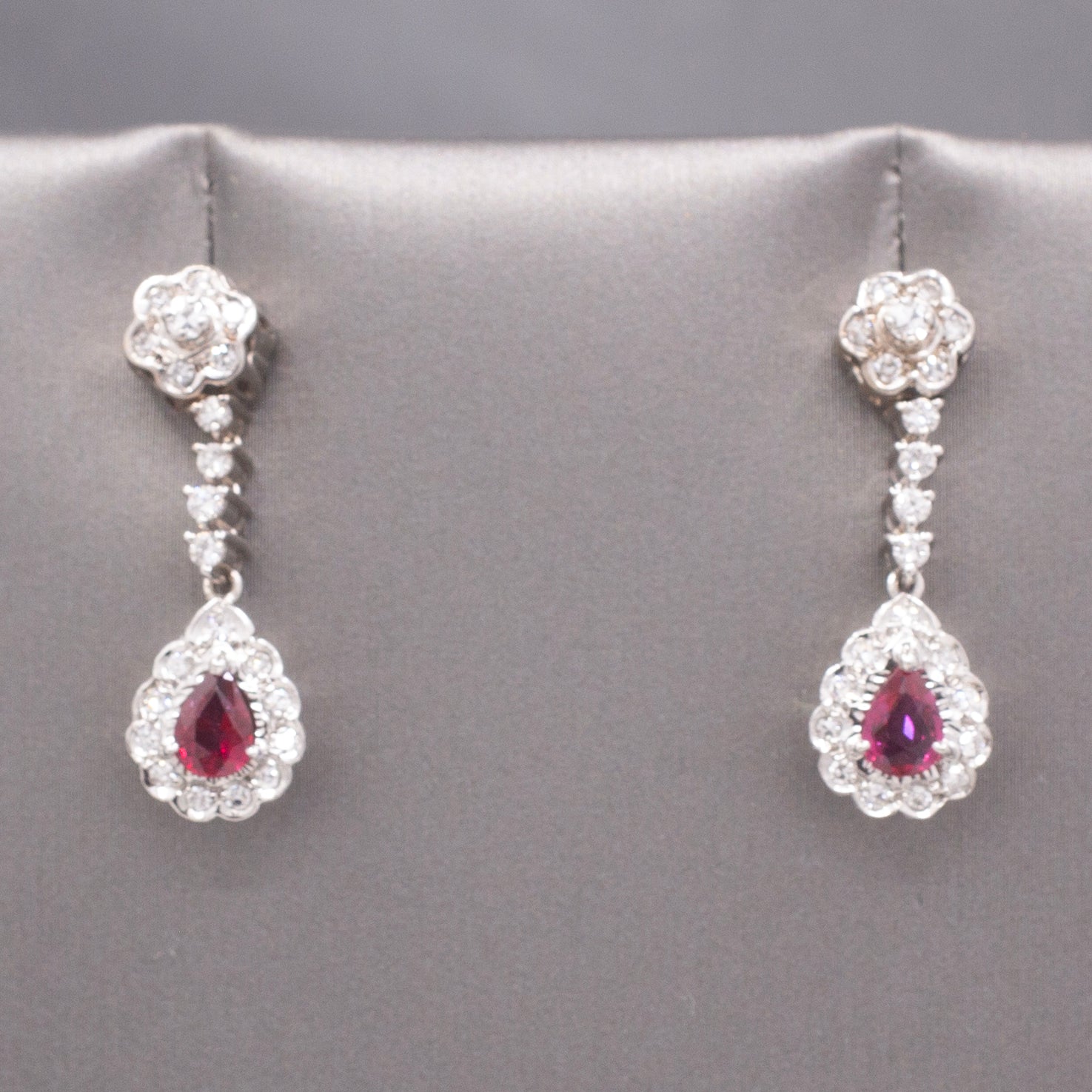Exquisite 14k White Gold Ruby & Diamond Drop Earrings, Pear-Cut Ruby Halo Dangles