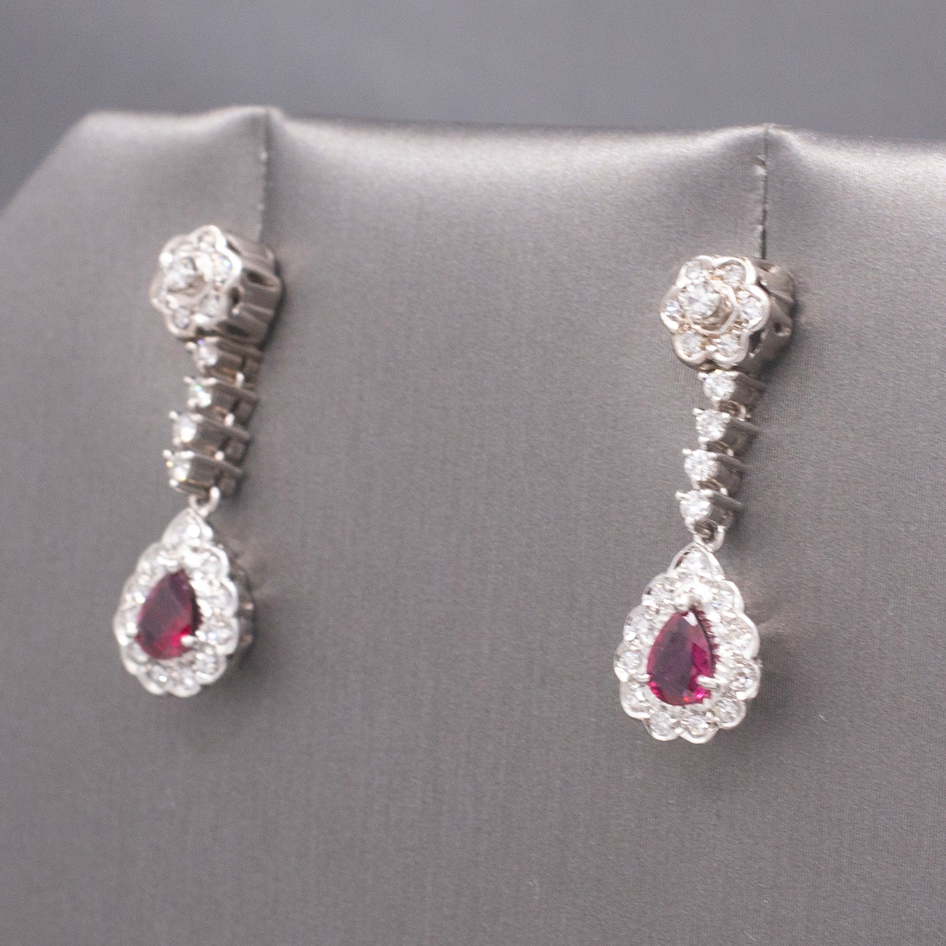 Exquisite 14k White Gold Ruby & Diamond Drop Earrings, Pear-Cut Ruby Halo Dangles