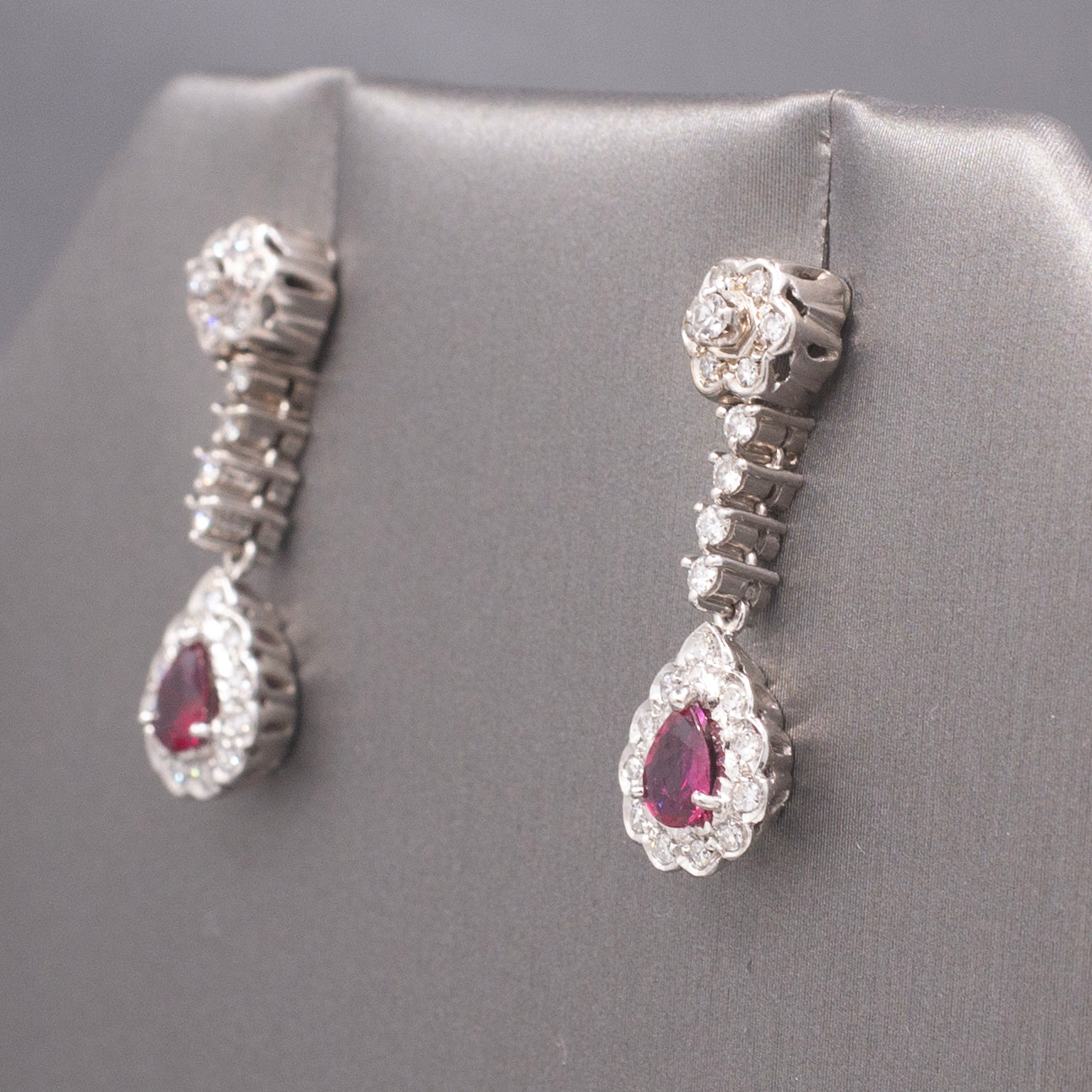 Exquisite 14k White Gold Ruby & Diamond Drop Earrings, Pear-Cut Ruby Halo Dangles