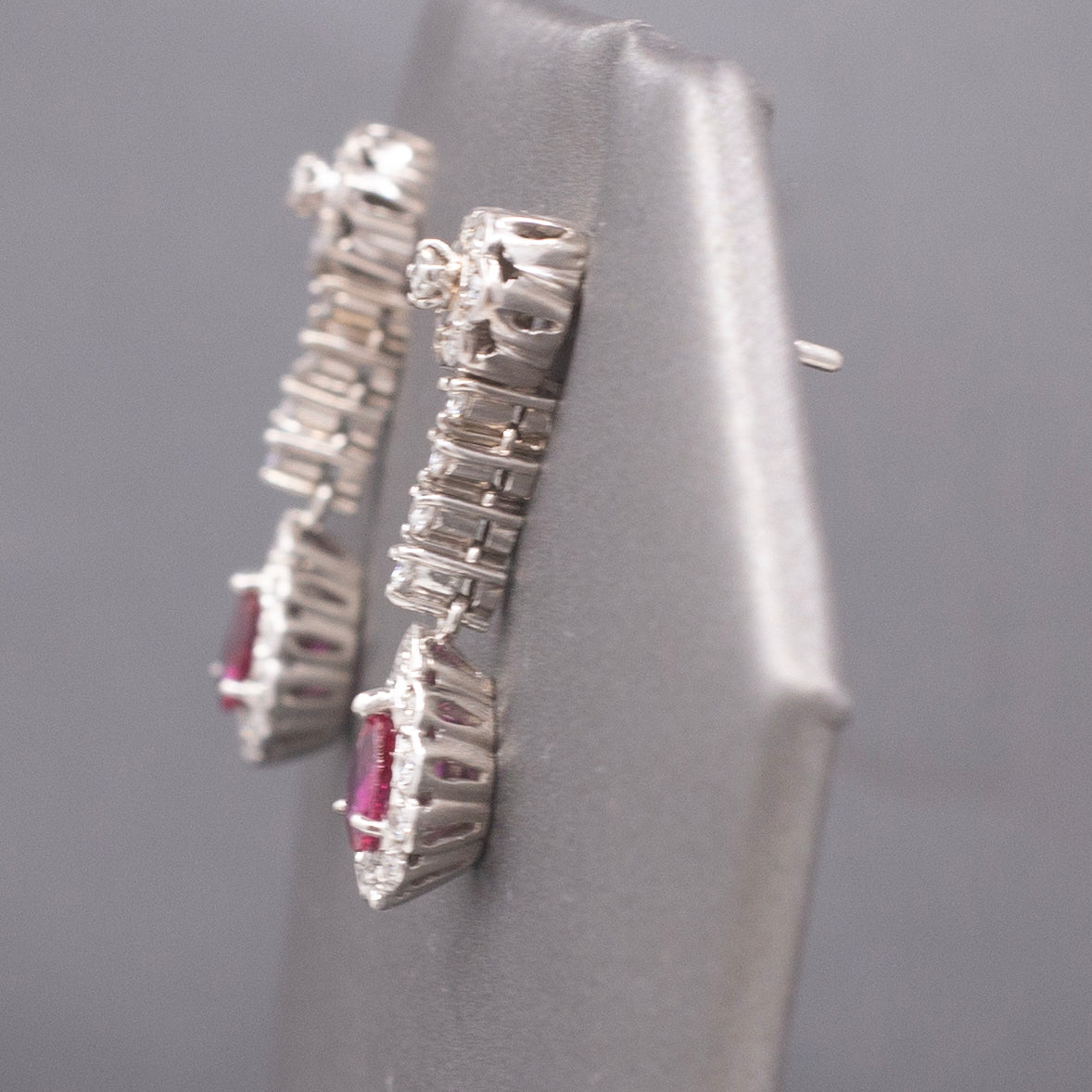 Exquisite 14k White Gold Ruby & Diamond Drop Earrings, Pear-Cut Ruby Halo Dangles