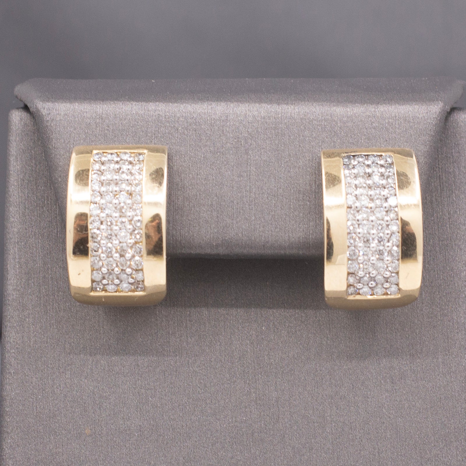 Vintage Pave' Diamond Wide J-Hoop Earrings in 14k Yellow Gold 