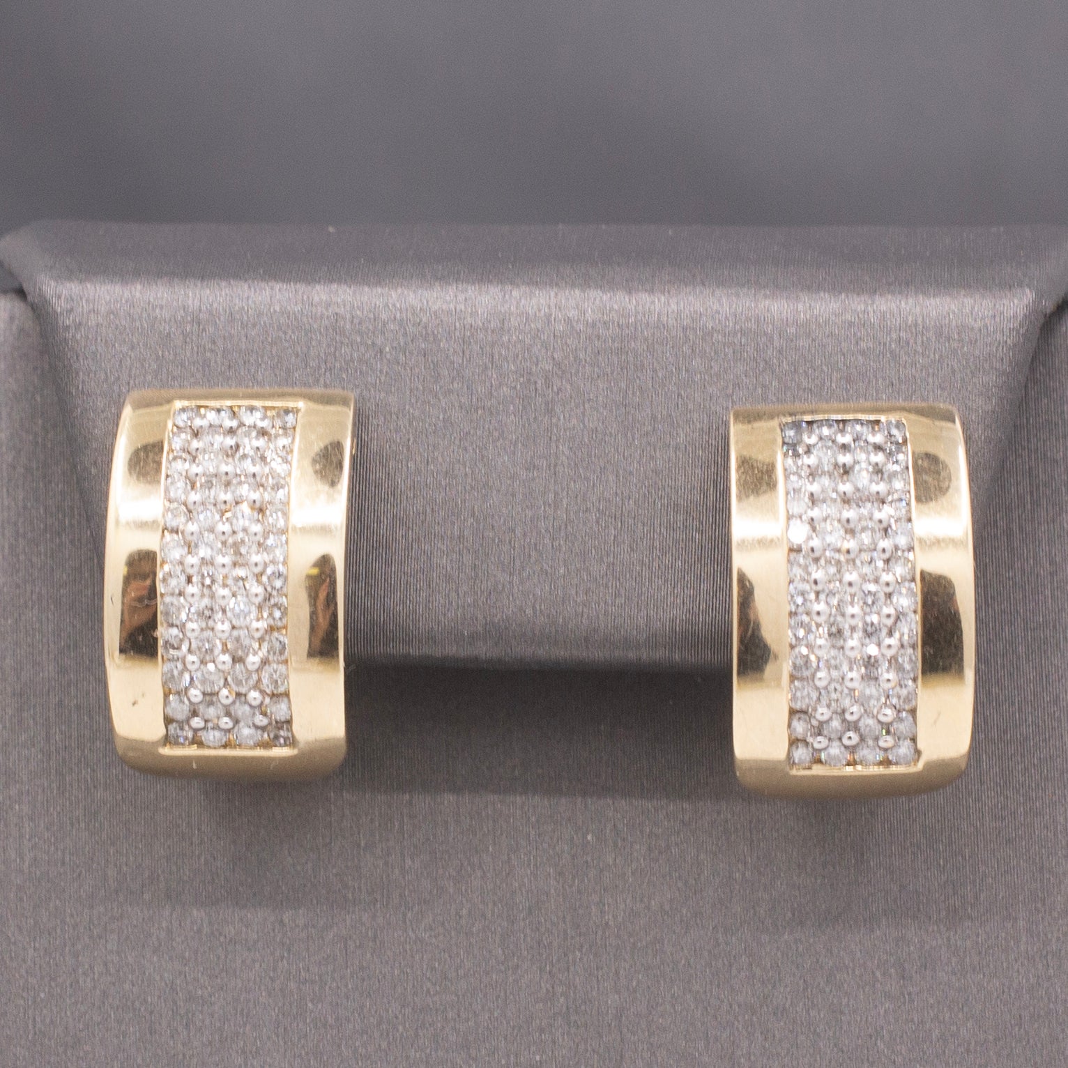 Vintage Pave' Diamond Wide J-Hoop Earrings in 14k Yellow Gold 