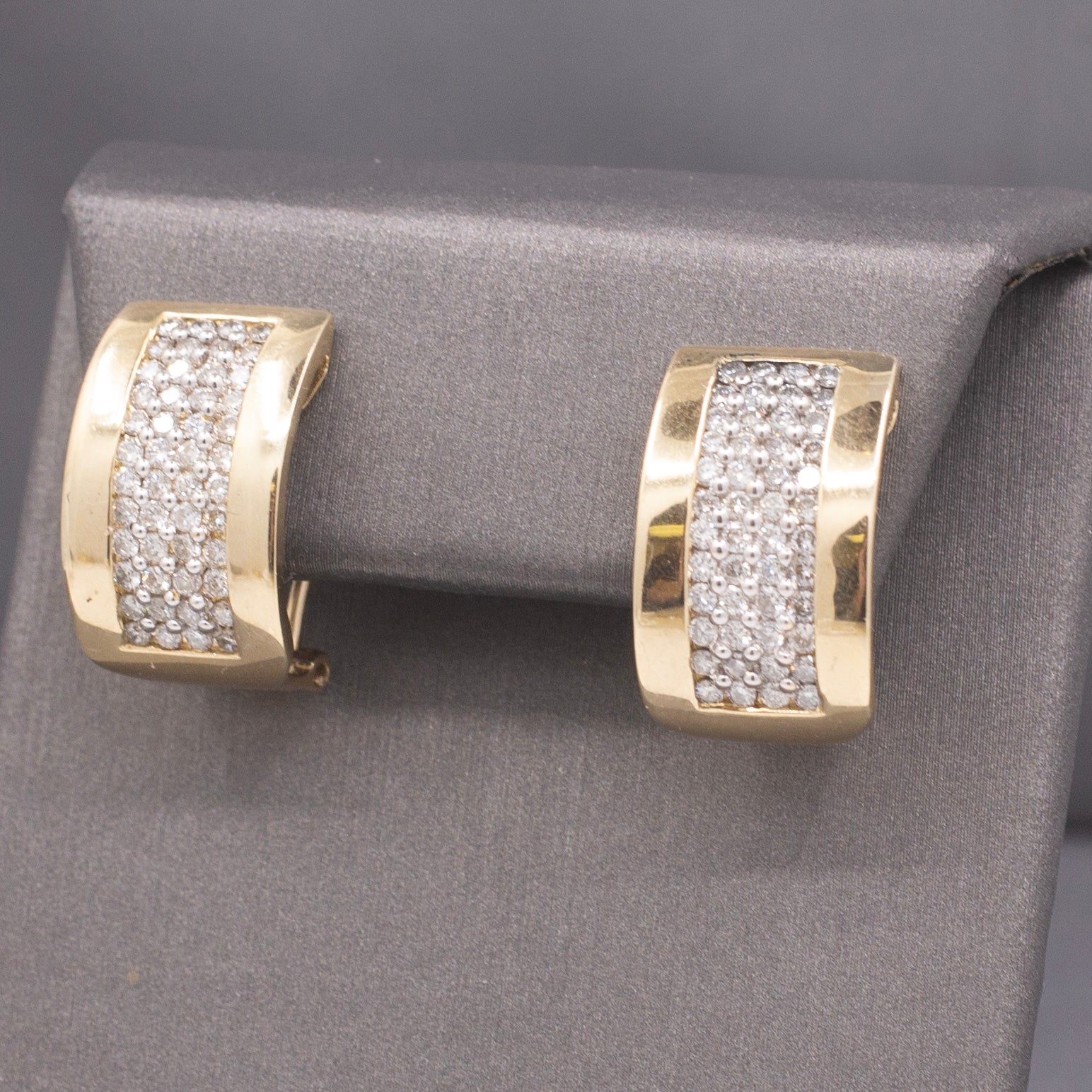 Vintage Pave' Diamond Wide J-Hoop Earrings in 14k Yellow Gold 