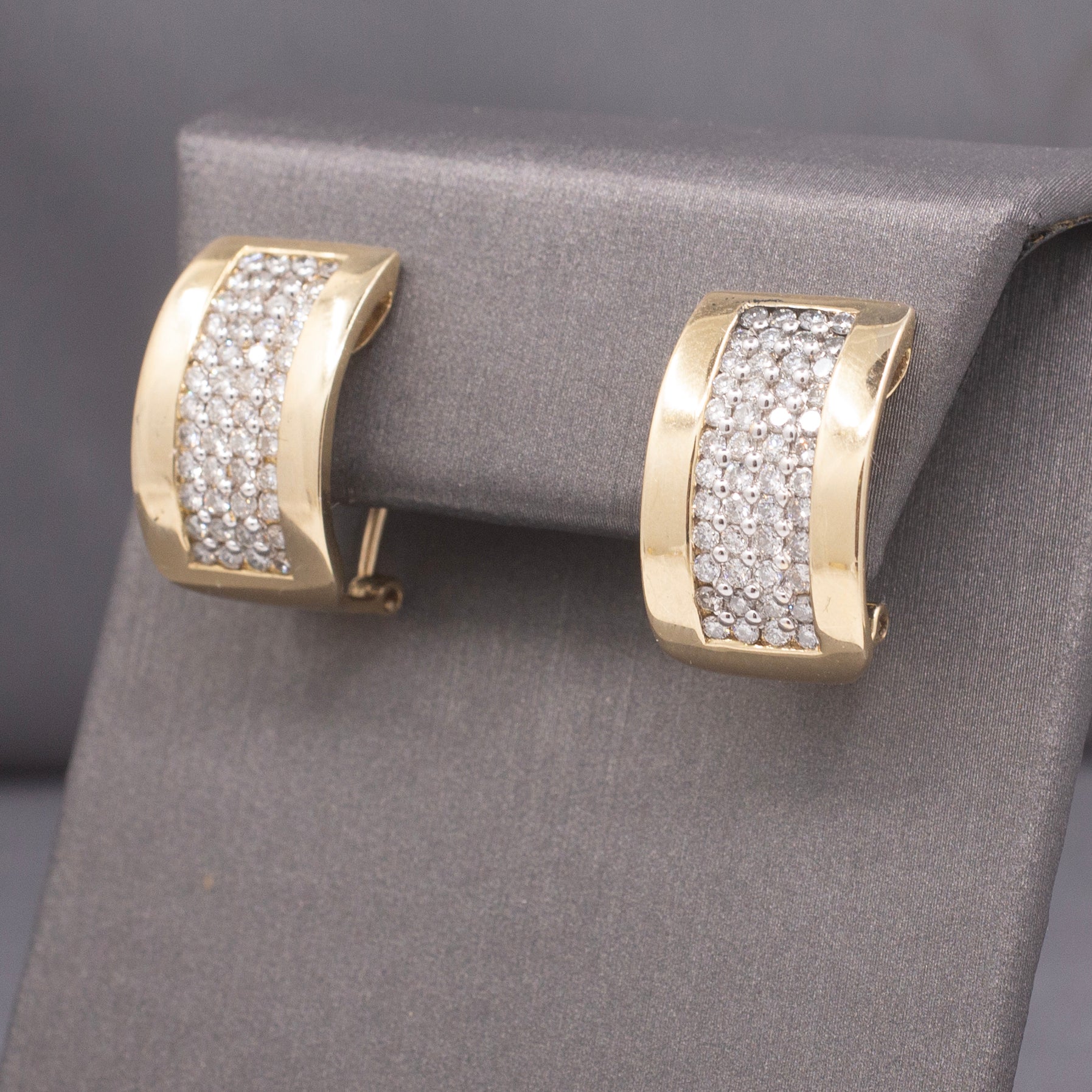 Vintage Pave' Diamond Wide J-Hoop Earrings in 14k Yellow Gold 