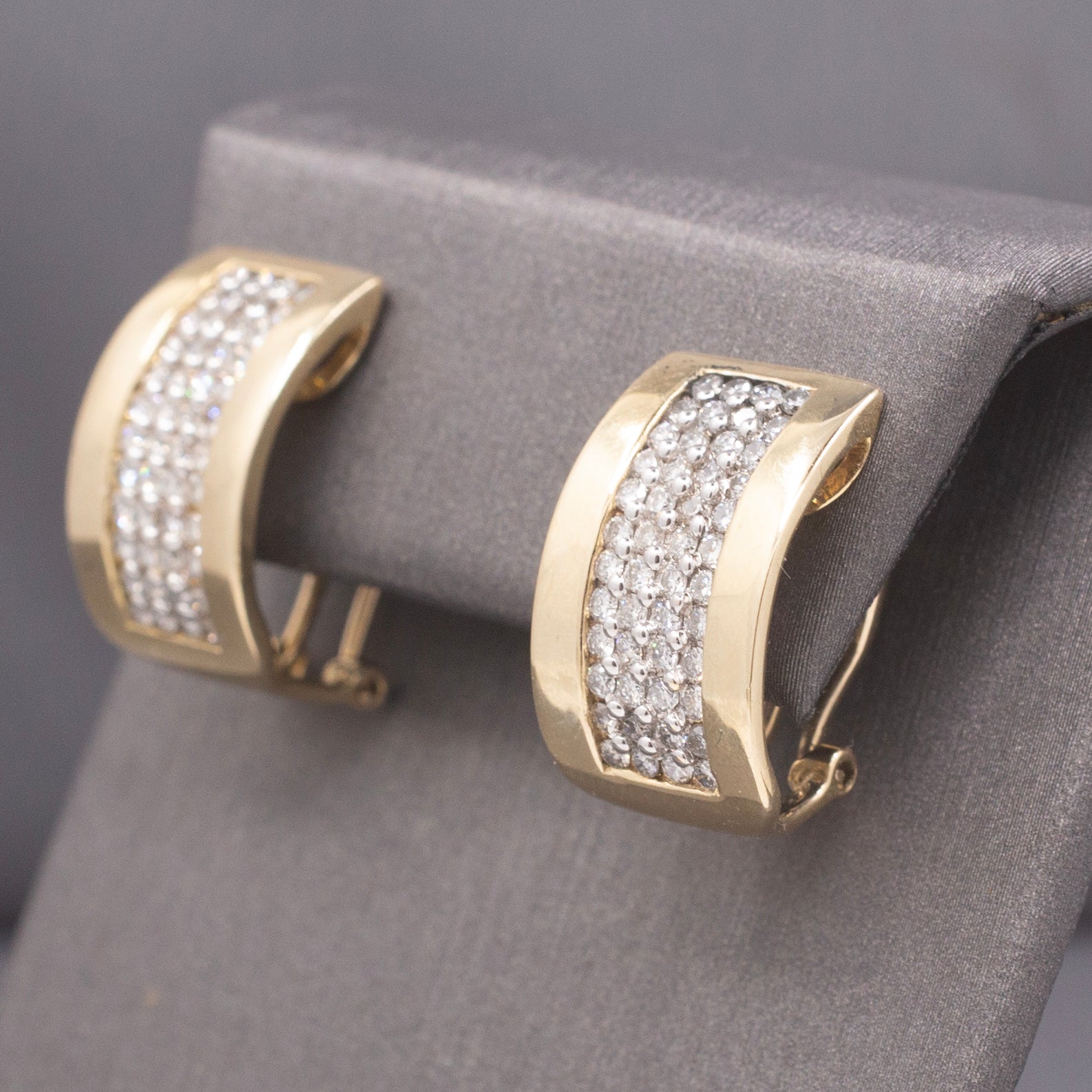 Vintage Pave' Diamond Wide J-Hoop Earrings in 14k Yellow Gold 