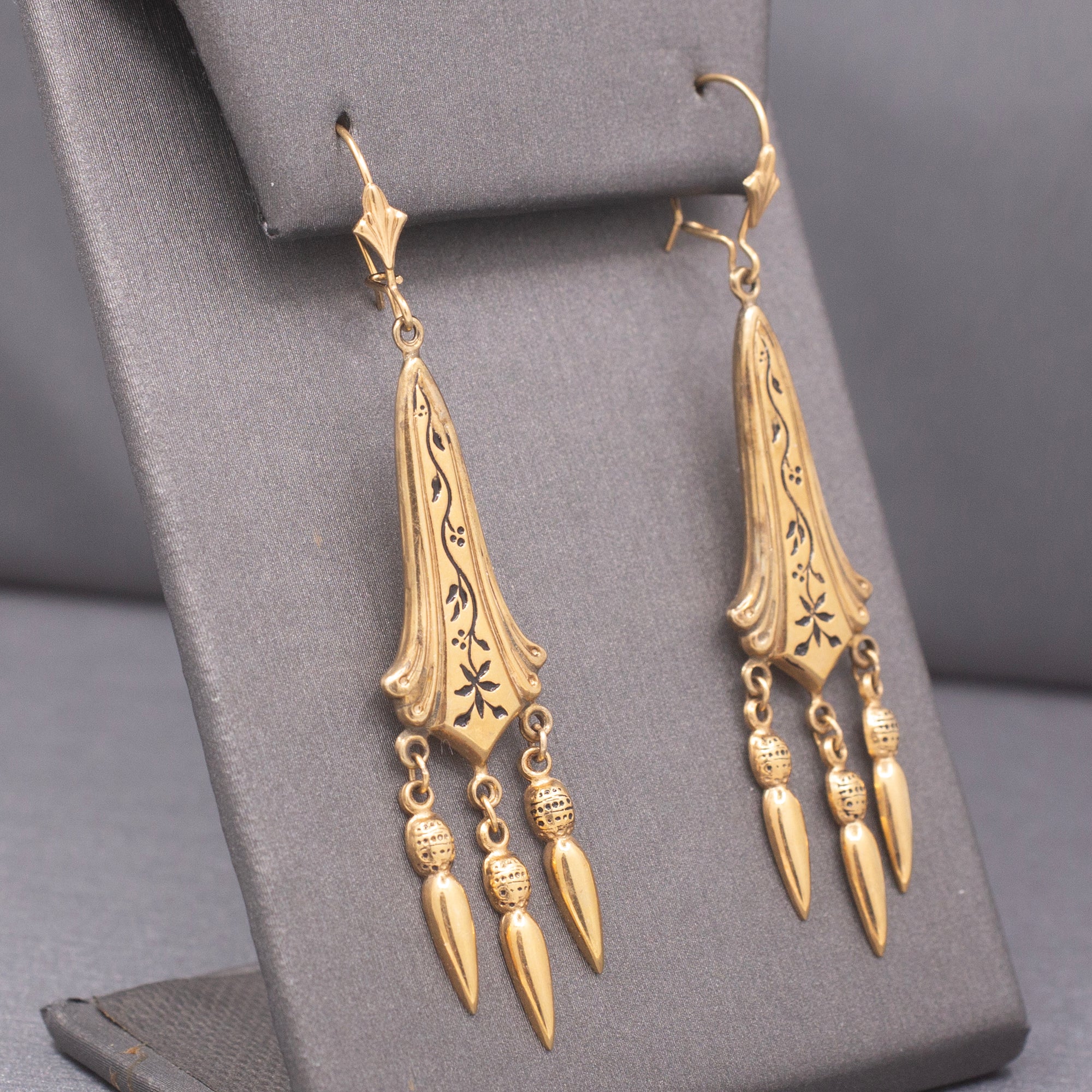 Antique Victorian 14k Gold Enamel Floral Tassel Earrings