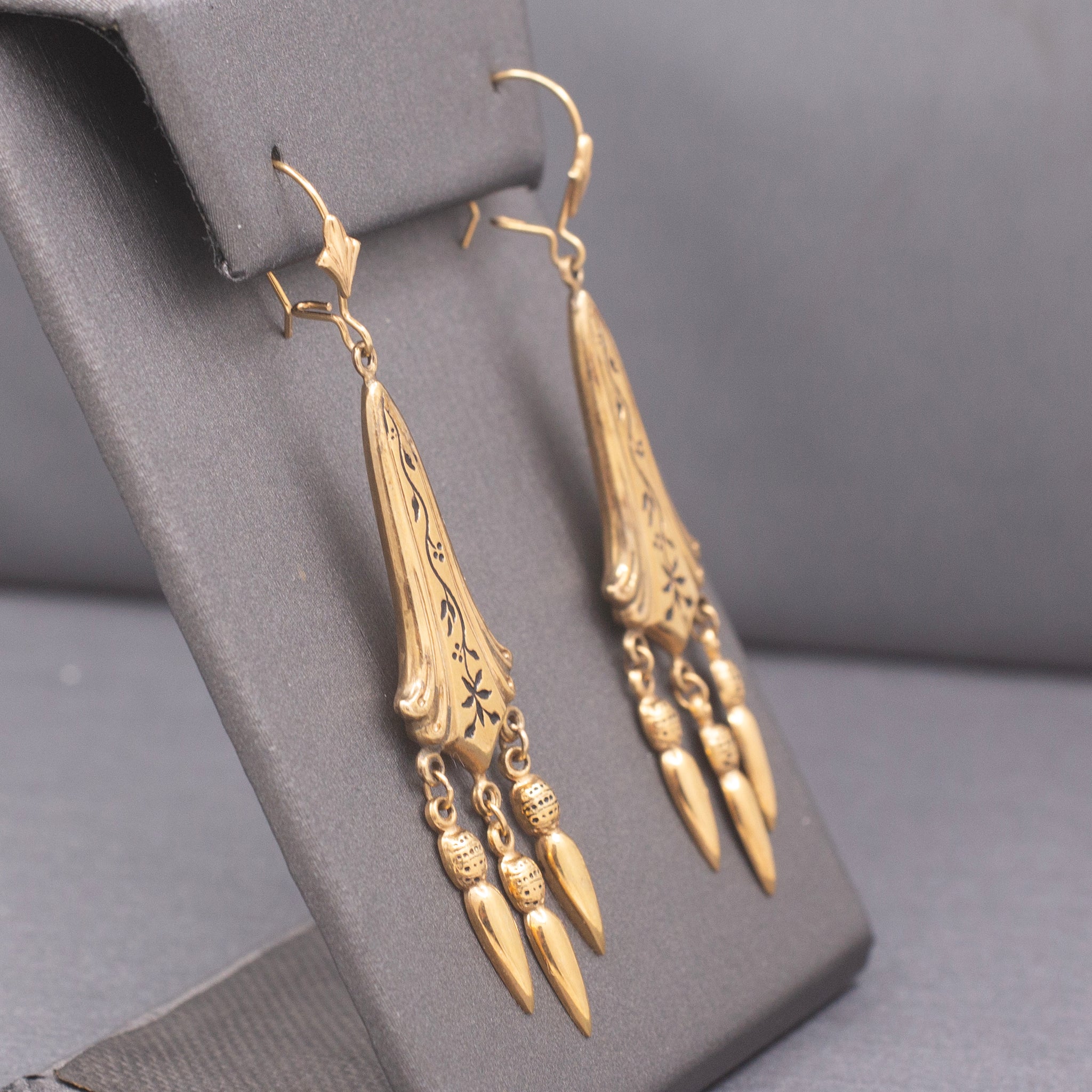 Antique Victorian 14k Gold Enamel Floral Tassel Earrings