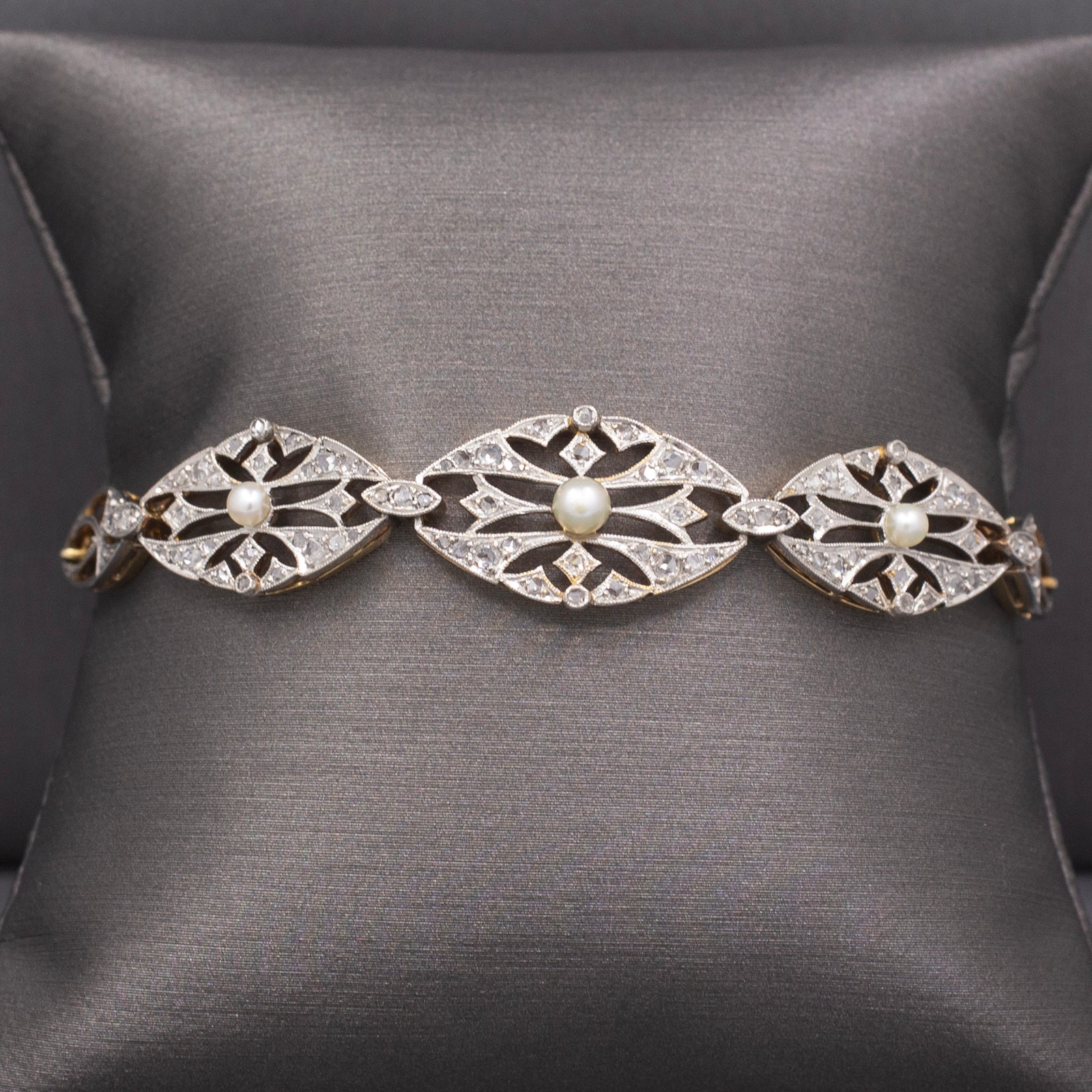 Exquisite Edwardian Rose Cut Diamond and Pearl Bracelet in Platinum and 14k Yellow Gold
