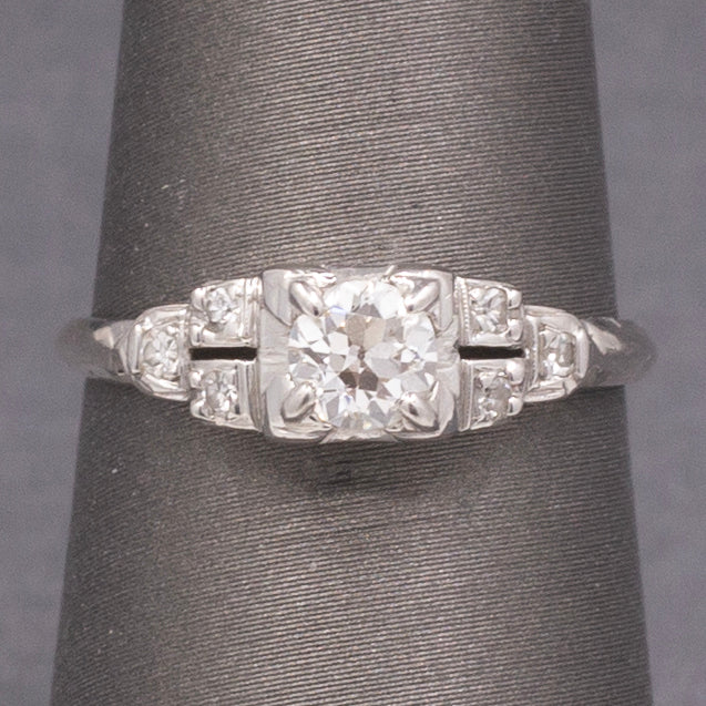 
Petite Art Deco Old European Cut Diamond Engagement Ring in 18k White Gold
