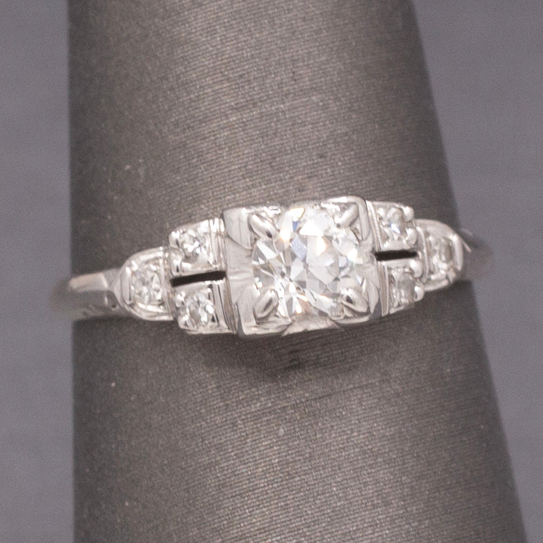 
Petite Art Deco Old European Cut Diamond Engagement Ring in 18k White Gold
