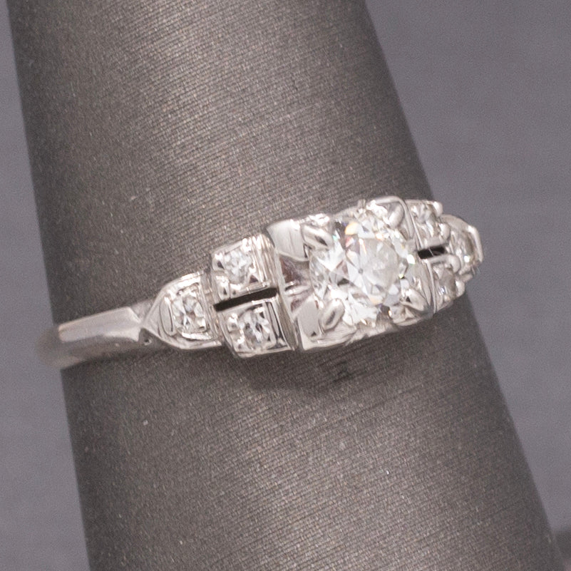 
Petite Art Deco Old European Cut Diamond Engagement Ring in 18k White Gold
