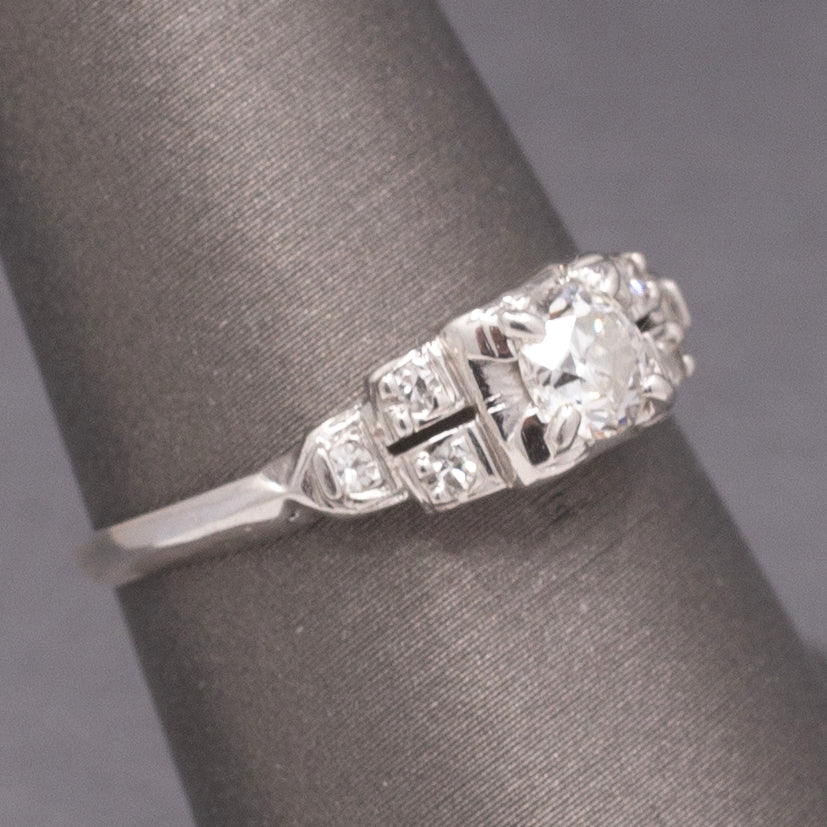 
Petite Art Deco Old European Cut Diamond Engagement Ring in 18k White Gold
